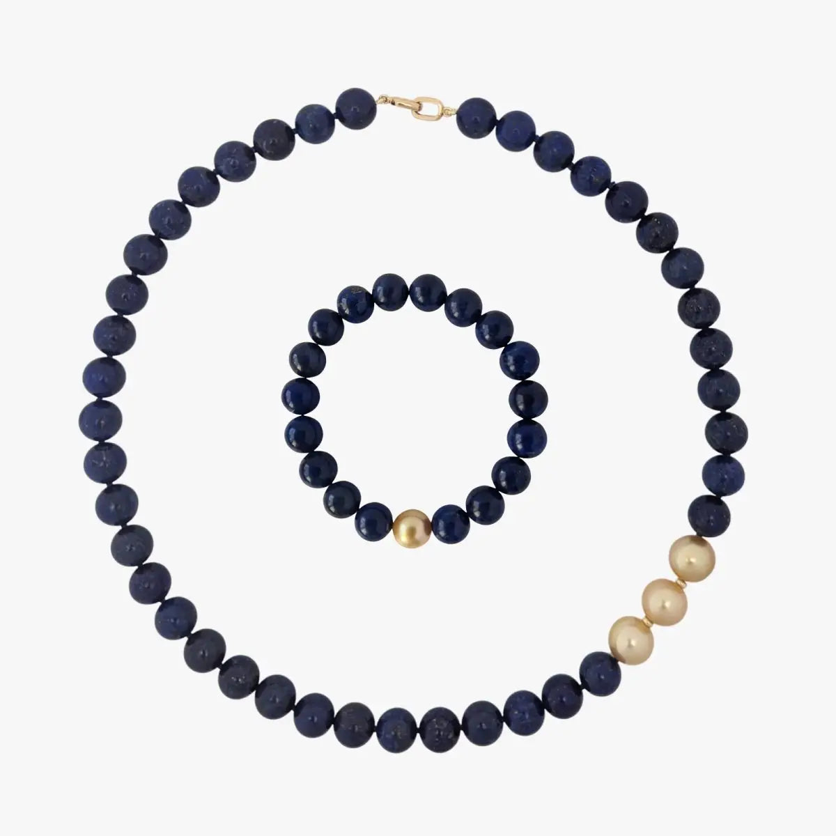 10-11mm Golden South Sea Pearl Lapis Lazuli Stretch Bracelet - Marina Korneev Fine Pearls