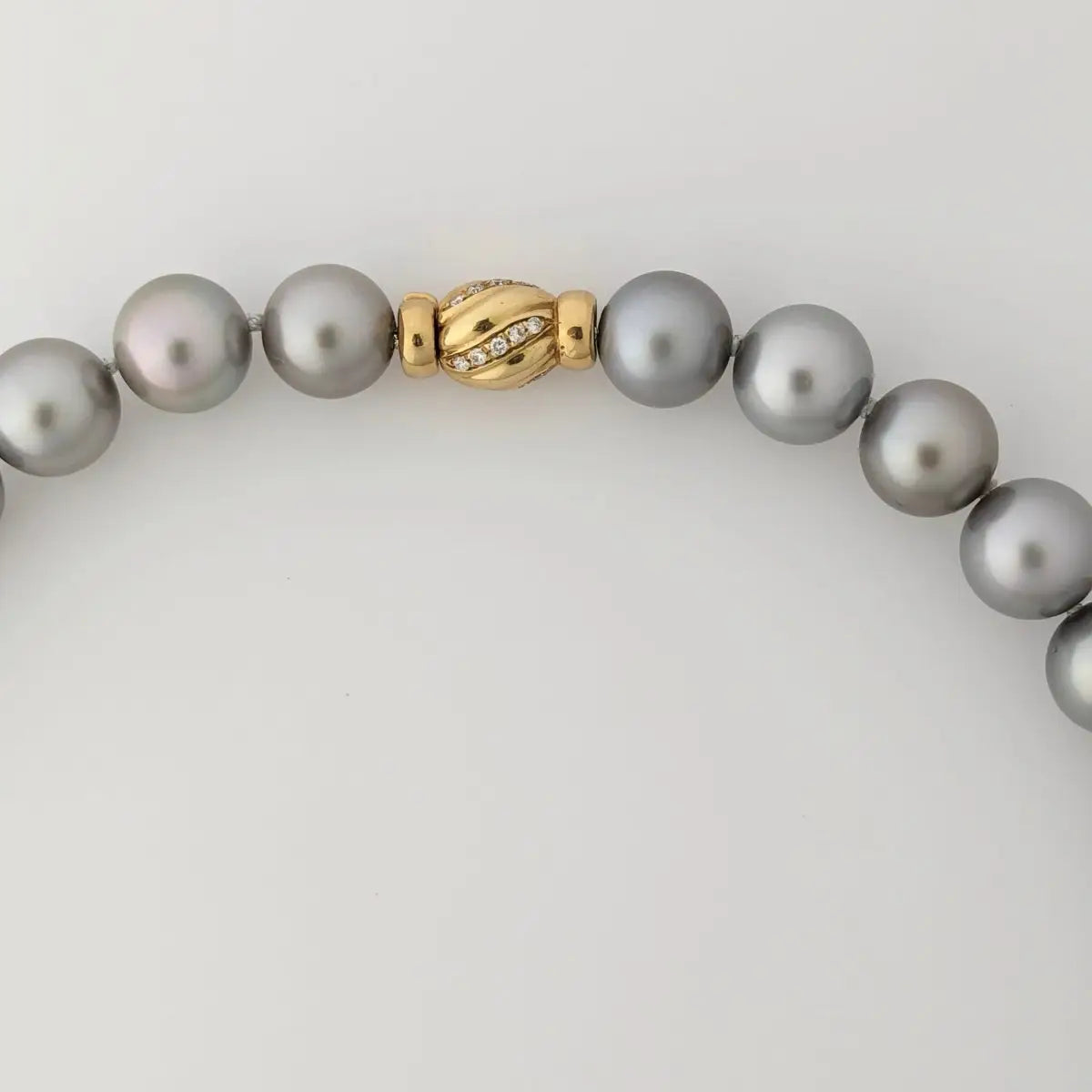 12–14mm Silver Slate Tahitian Pearl Necklace, 18K Gold Diamond