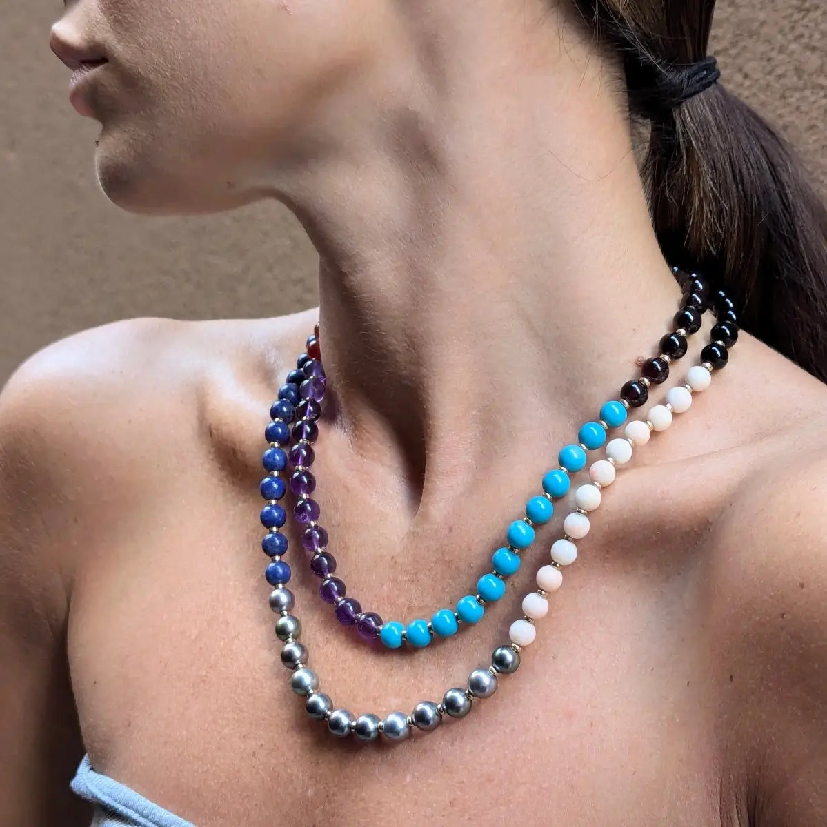 8.0 - 8.5mm Tahitian Pearl & Multi Gem Necklace - Marina Korneev