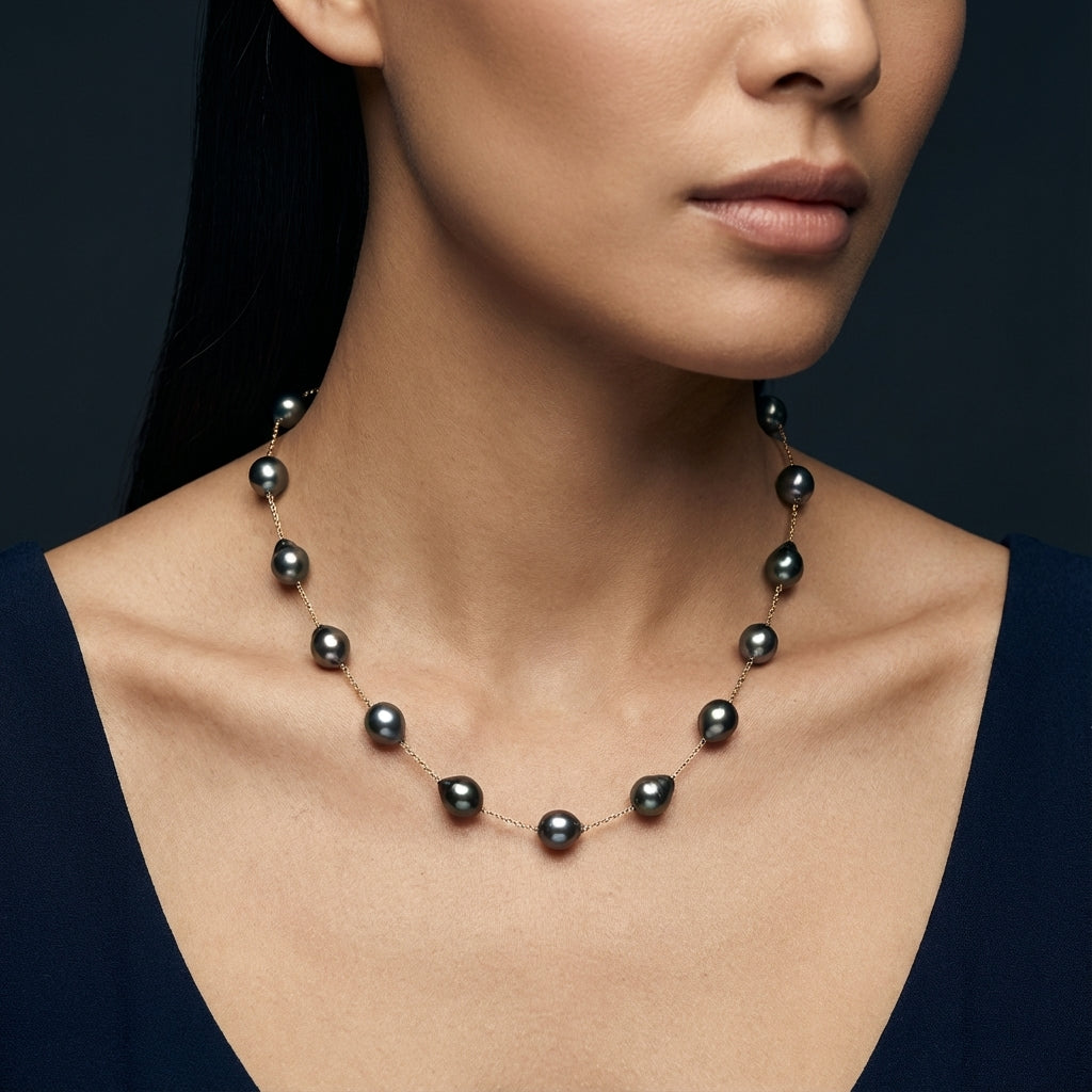 Drop Tahitian Pearl Station Necklace 9-10mm 14K Gold – Marina Korneev