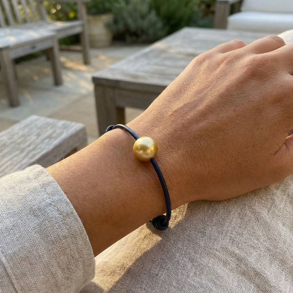 10–11mm Golden South Sea Pearl & Royal Blue Leather Bracelet