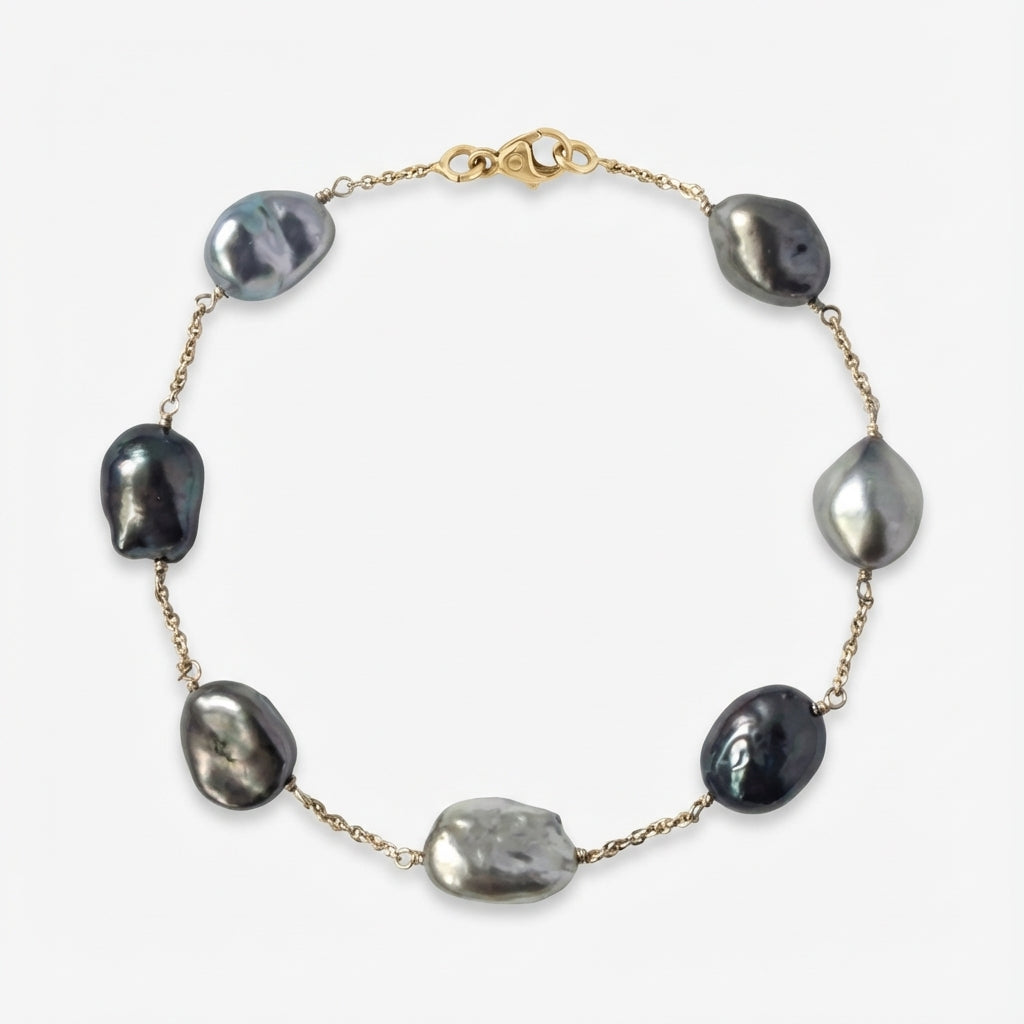 9–10mm Tahitian Keshi Pearl Station Bracelet, 14K Yellow Gold