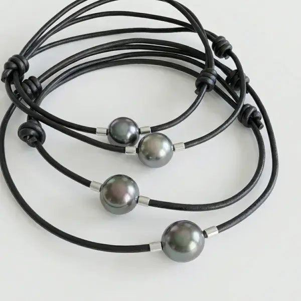 9 - 11mm Tahitian Pearl and Leather Cord Adjustable Bracelet Elegant Bracelets by Marina Korneev
