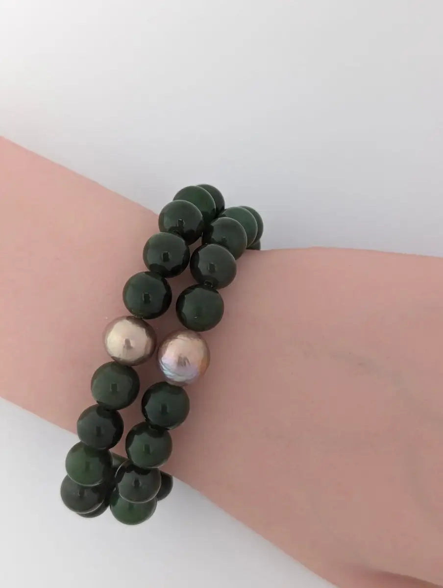 10-11mm Chinese Freshwater Edison Pearl Nephrite Stretch Bracelet - Marina Korneev Fine Pearls