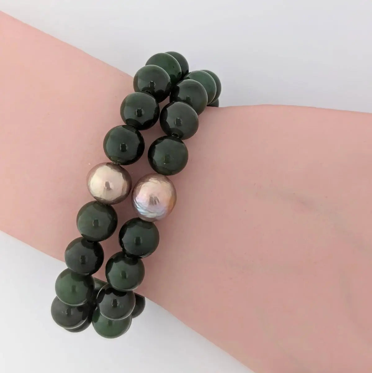 10-11mm Chinese Freshwater Edison Pearl Nephrite Stretch Bracelet - Marina Korneev Fine Pearls