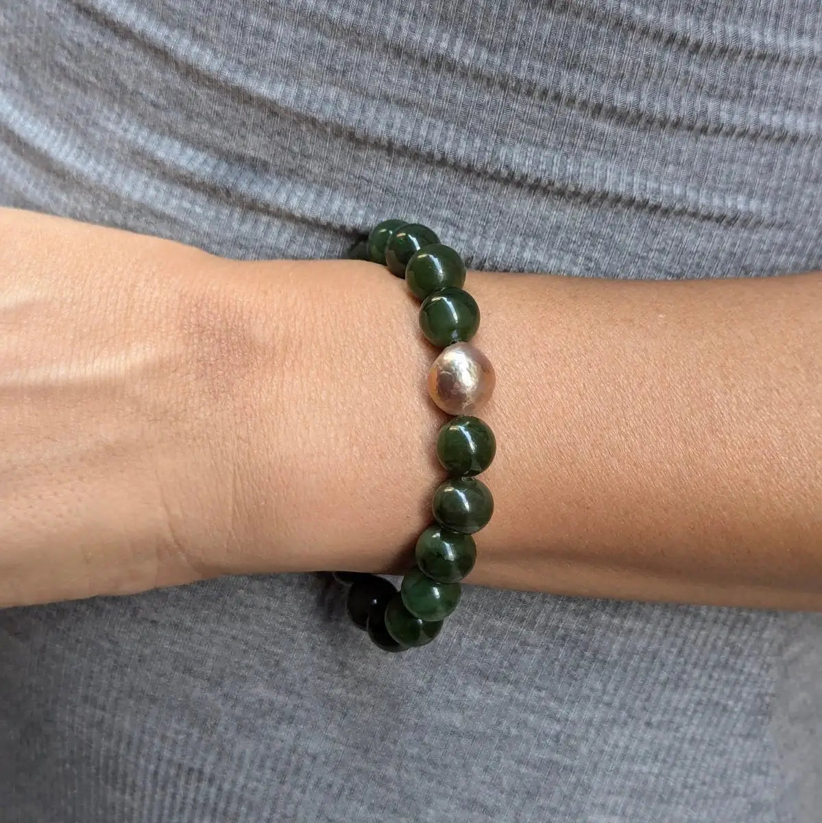 10 - 11mm Chinese Freshwater Edison Pearl Nephrite Stretch Bracelet - Marina Korneev