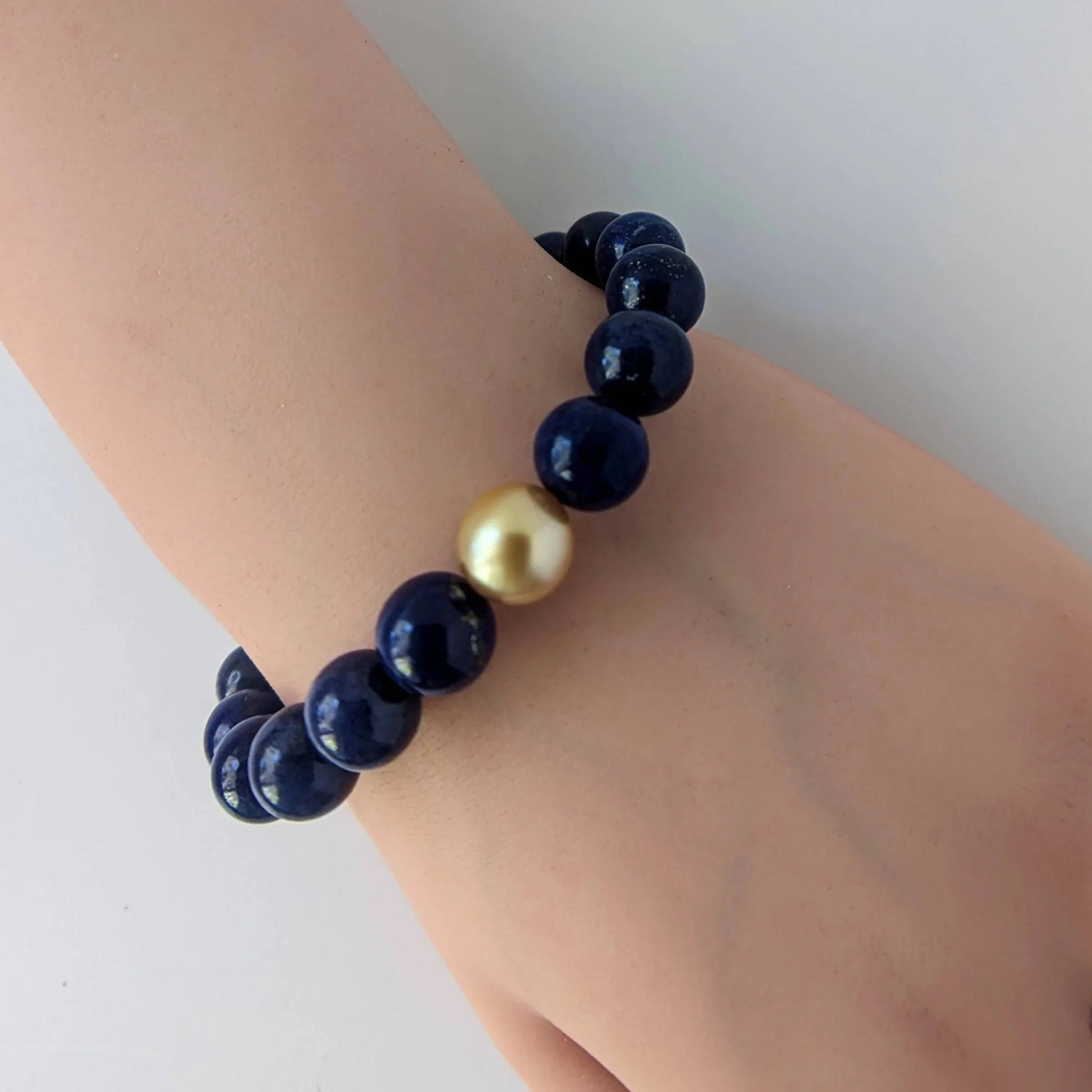 10-11mm Golden South Sea Pearl Lapis Lazuli Stretch Bracelet - Marina Korneev Fine Pearls