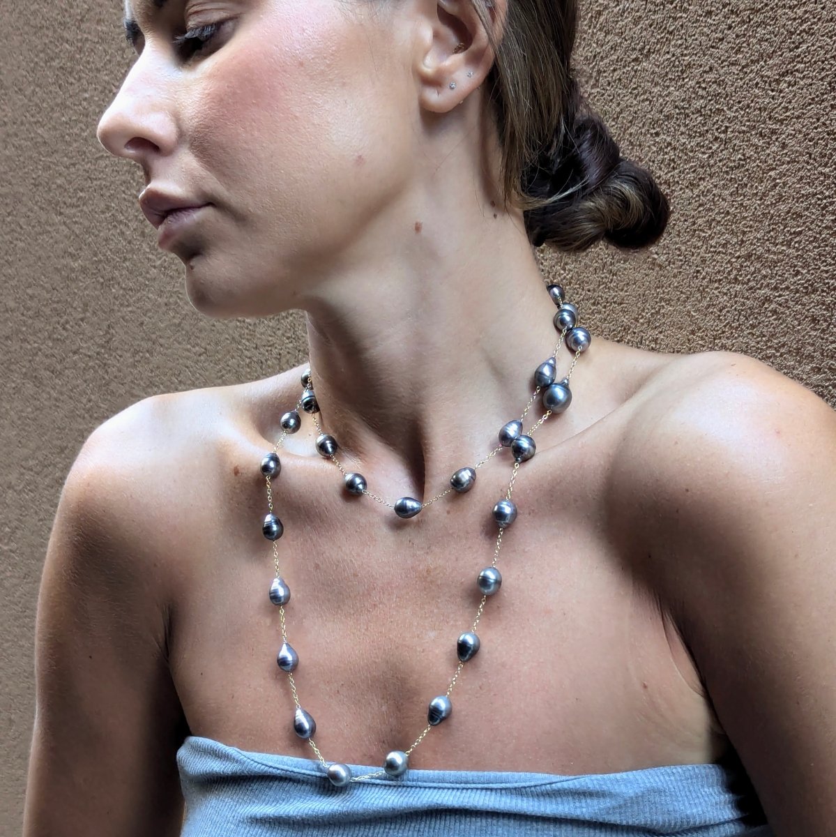 10 - 12mm Semi - Baroque Tahitian Pearl Station Long Necklace - Marina Korneev