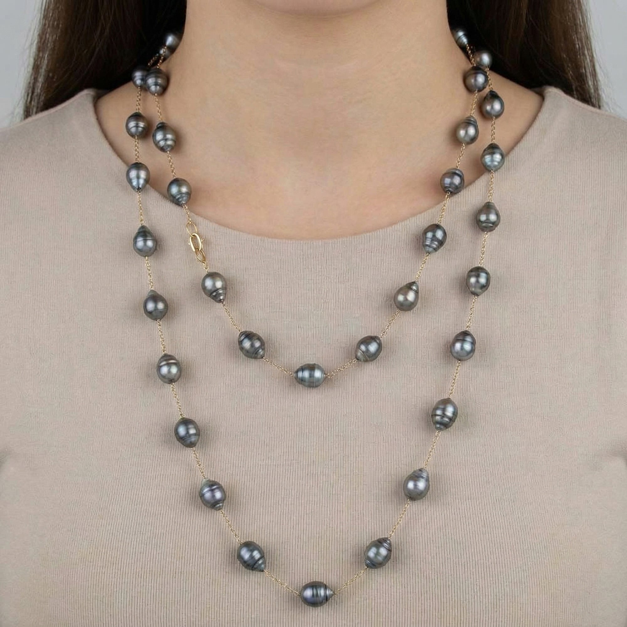 10 - 12mm Semi - Baroque Tahitian Pearl Station Long Necklace Elegant Necklaces by Marina Korneev