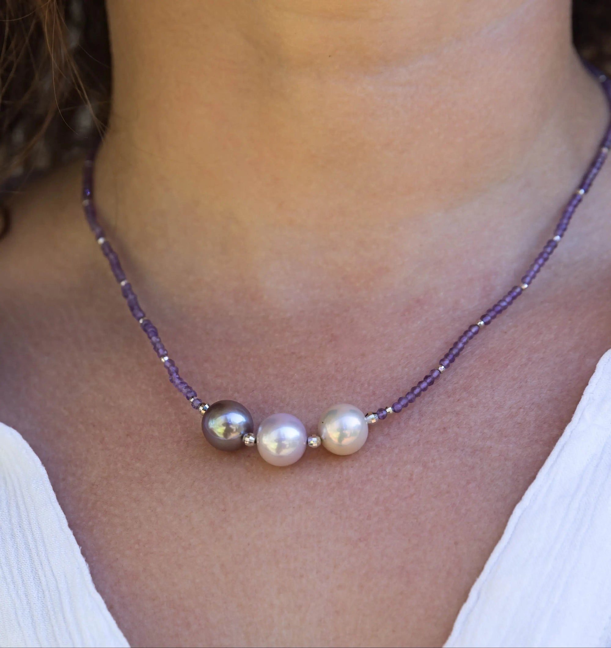 10.5-11.0mm Edison Freshwater Pearls with Amethyst Beads Necklace - Marina Pearls