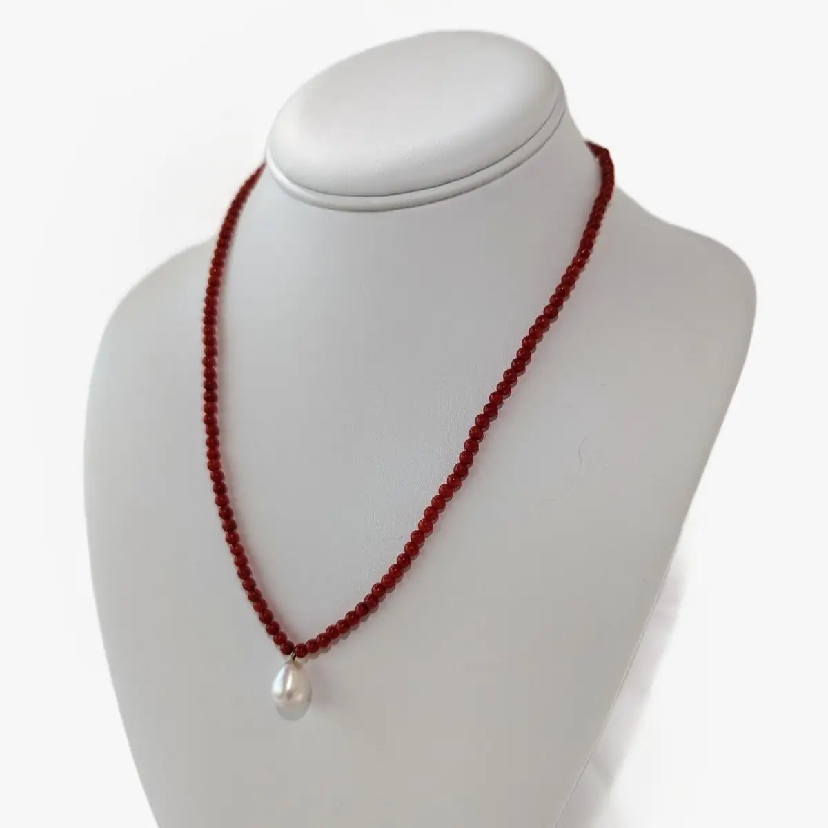 10mm White Freshwater Pearl & Mediterranean Red Coral Necklace - Marina Korneev Fine Pearls