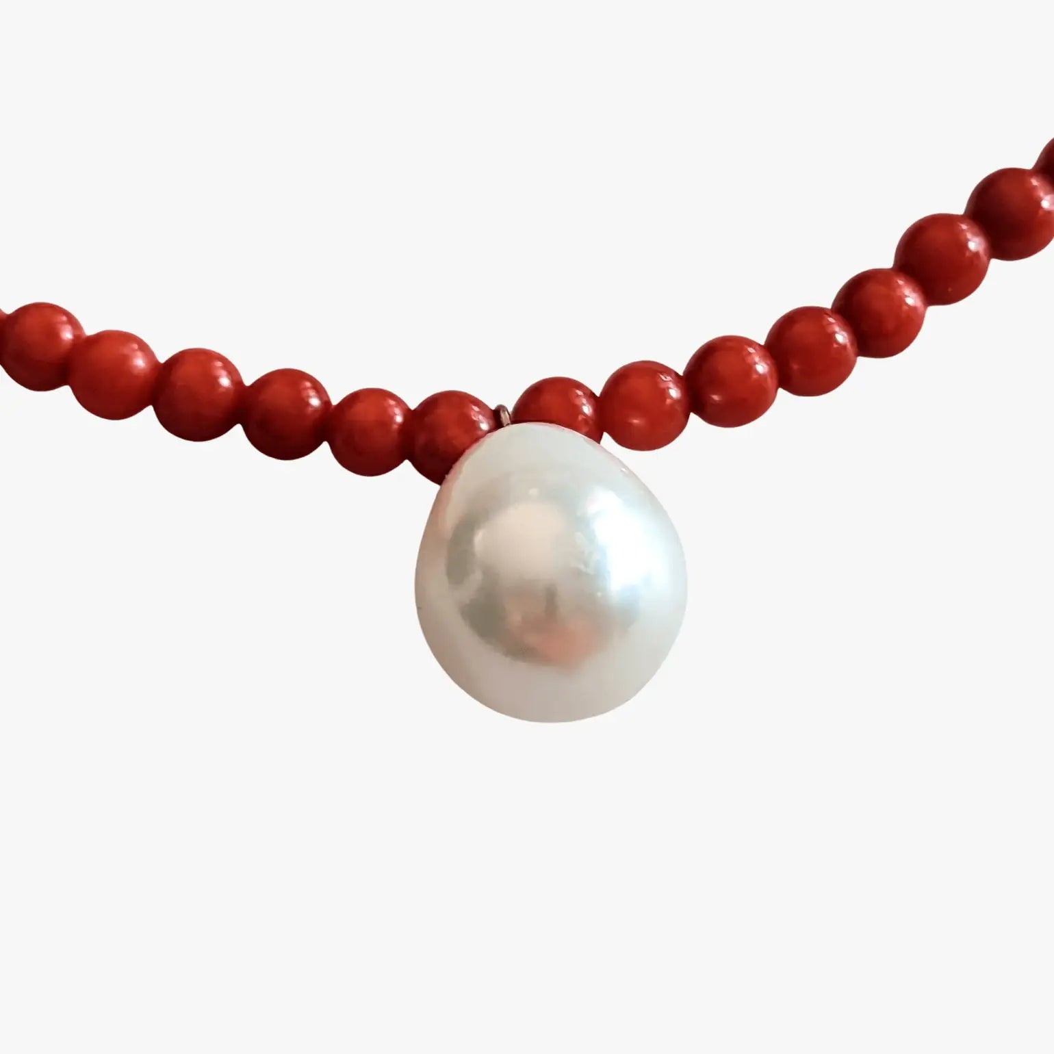 10mm White Freshwater Pearl & Mediterranean Red Coral Necklace - Marina Korneev Fine Pearls