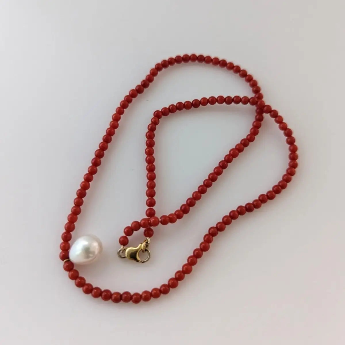 10mm White Freshwater Pearl &amp; Mediterranean Red Coral Necklace - Marina Korneev Fine Pearls