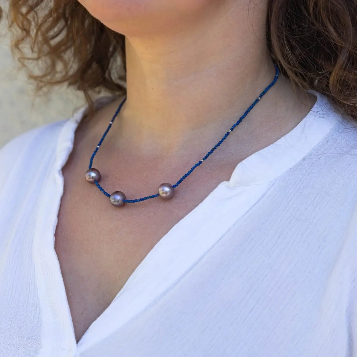 11.0-11.5mm Freshwater Pearl and Lapis Lazuli Necklace - Marina Pearls