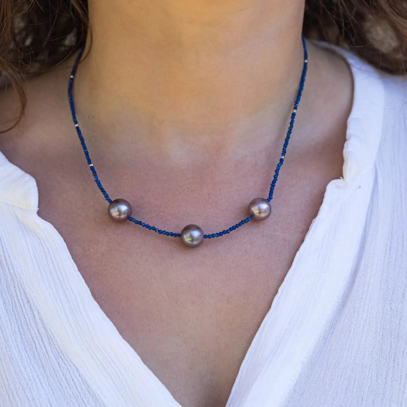 11.0-11.5mm Freshwater Pearl and Lapis Lazuli Necklace - Marina Pearls