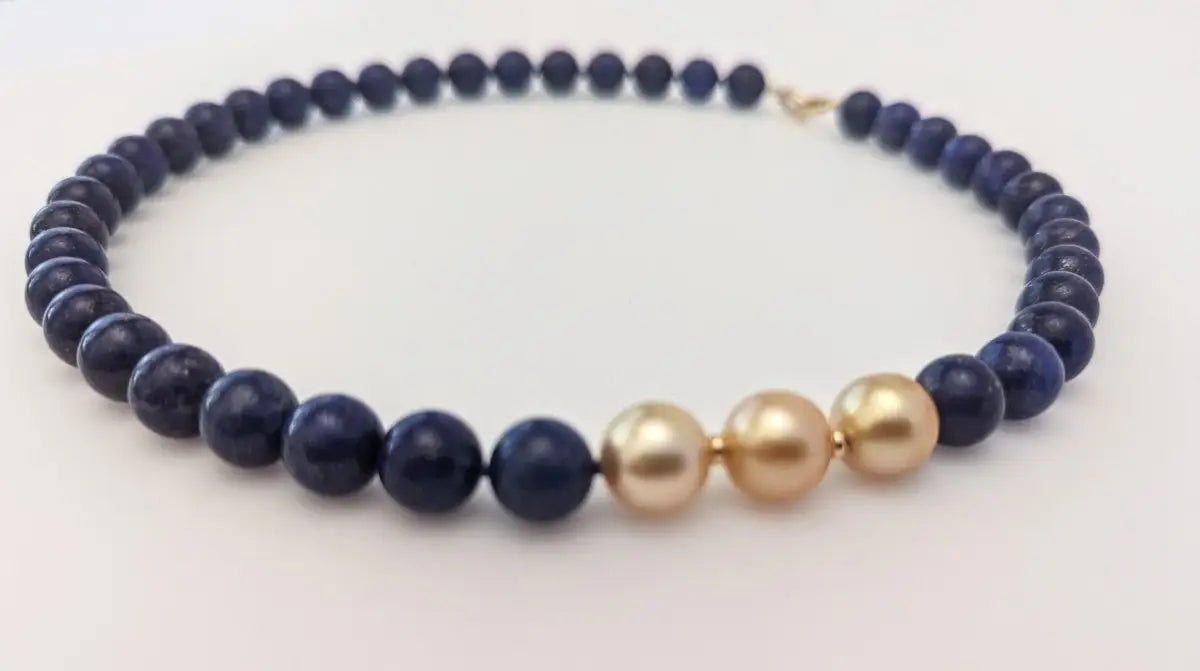 11-12mm Golden South Sea Pearl and Lapis Lazuli Necklace - Marina Korneev Fine Pearls