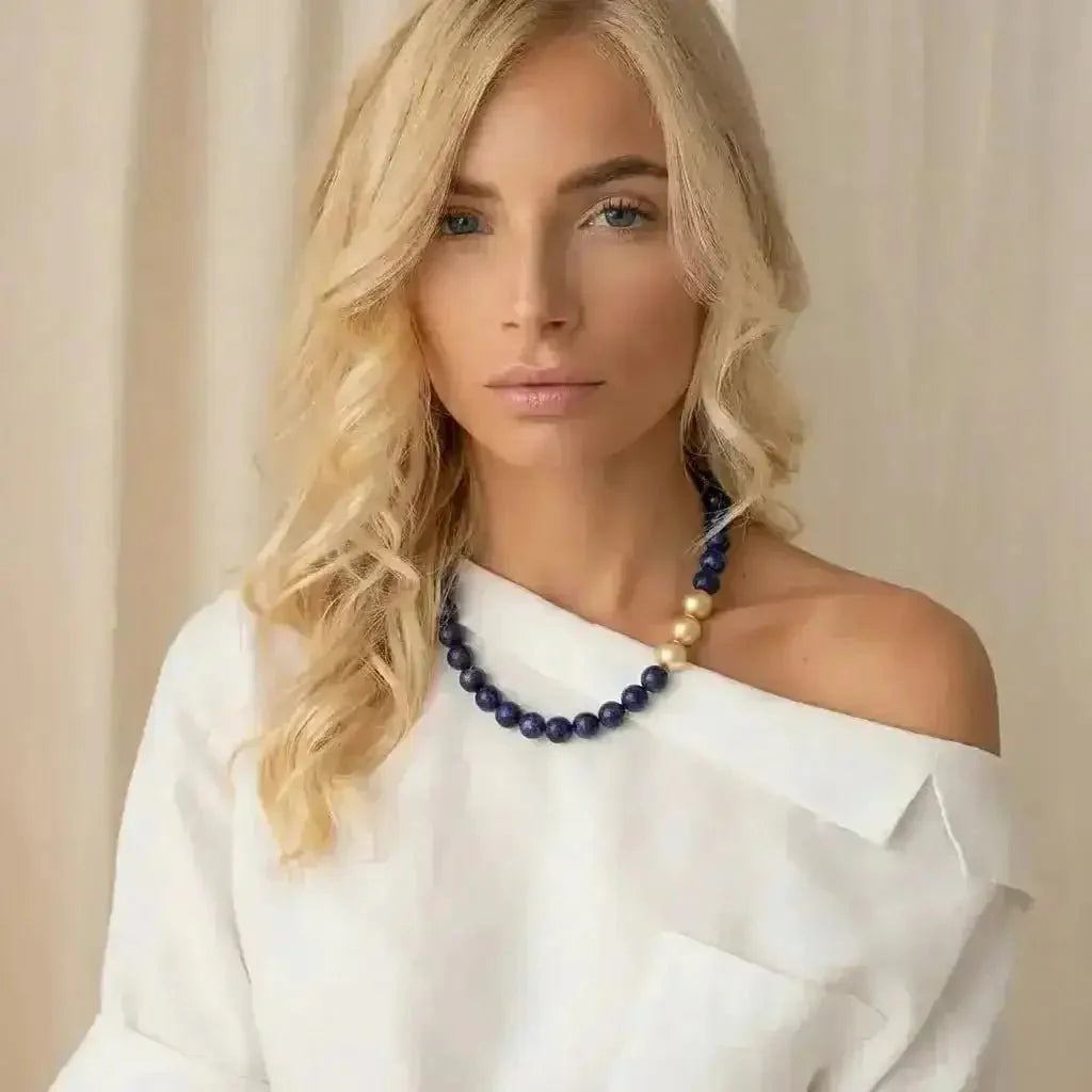 11 - 12mm Golden South Sea Pearl and Lapis Lazuli Necklace - Marina Korneev