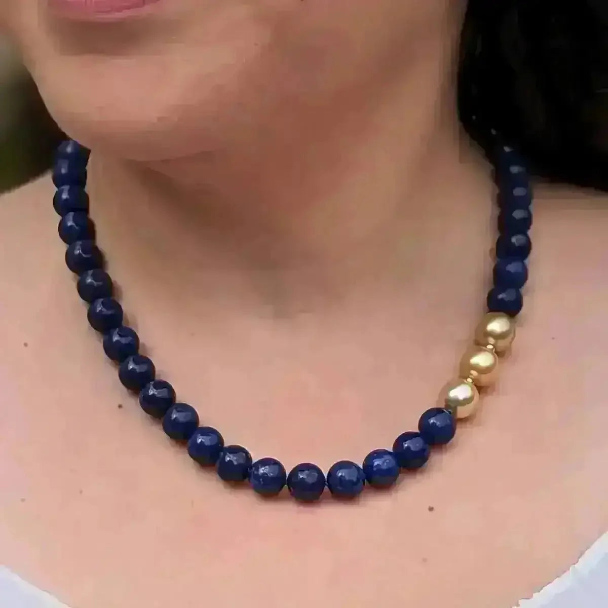 11 - 12mm Golden South Sea Pearl and Lapis Lazuli Necklace - Marina Korneev