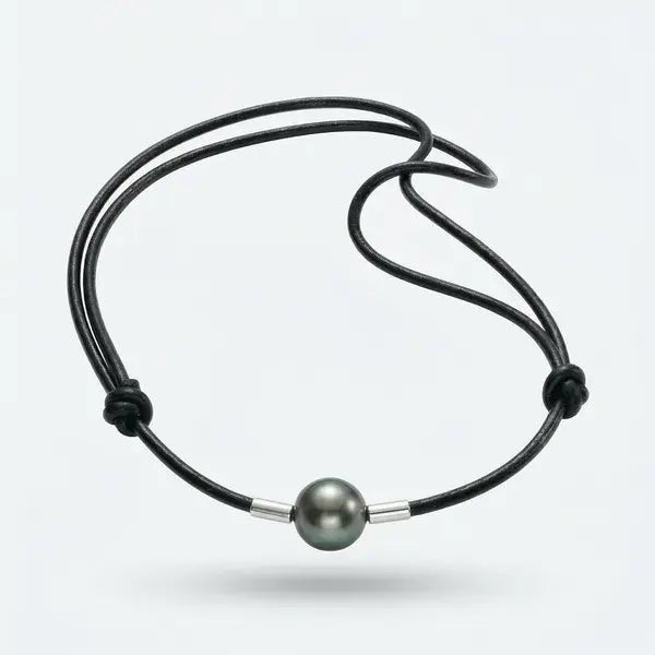 11 - 12mm Tahitian Pearl and Leather Cord Adjustable Necklace Elegant Necklaces by Marina Korneev