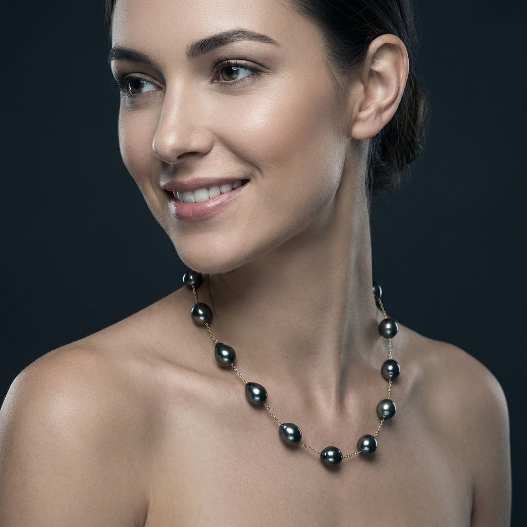 11 - 13mm Drops Tahitian Pearl Station Necklace Elegant Necklaces by Marina Korneev