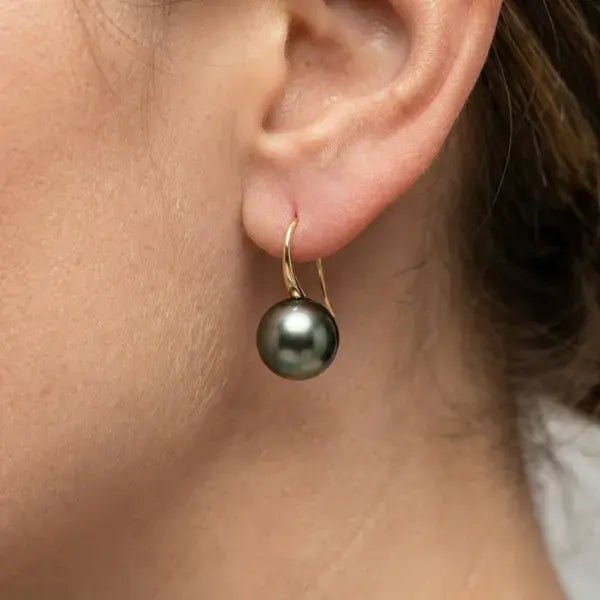 12mm Tahitian Pearl Dangle Hook Earrings Elegant Earrings by Marina Korneev
