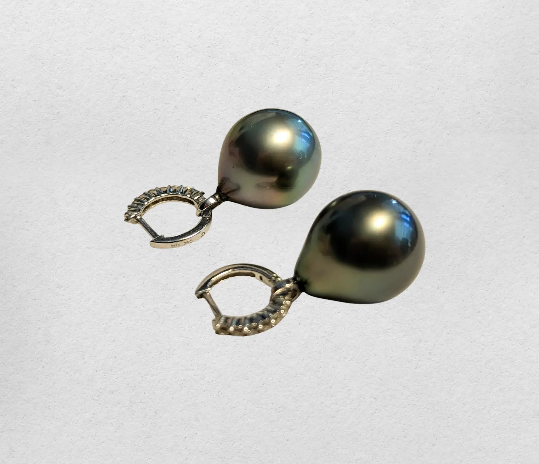 14-15mm Tahitian Pearl 18K WG Diamond Dangling Lever-Back Earrings - Marina Pearls