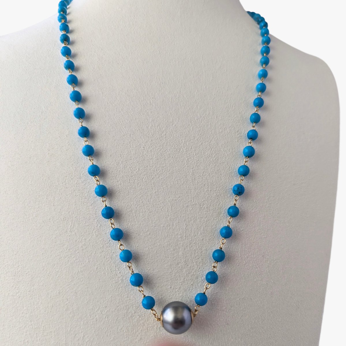 10-11mm Tahitian Pearl and Turquoise Beads Station Necklace - Marina Korneev FP