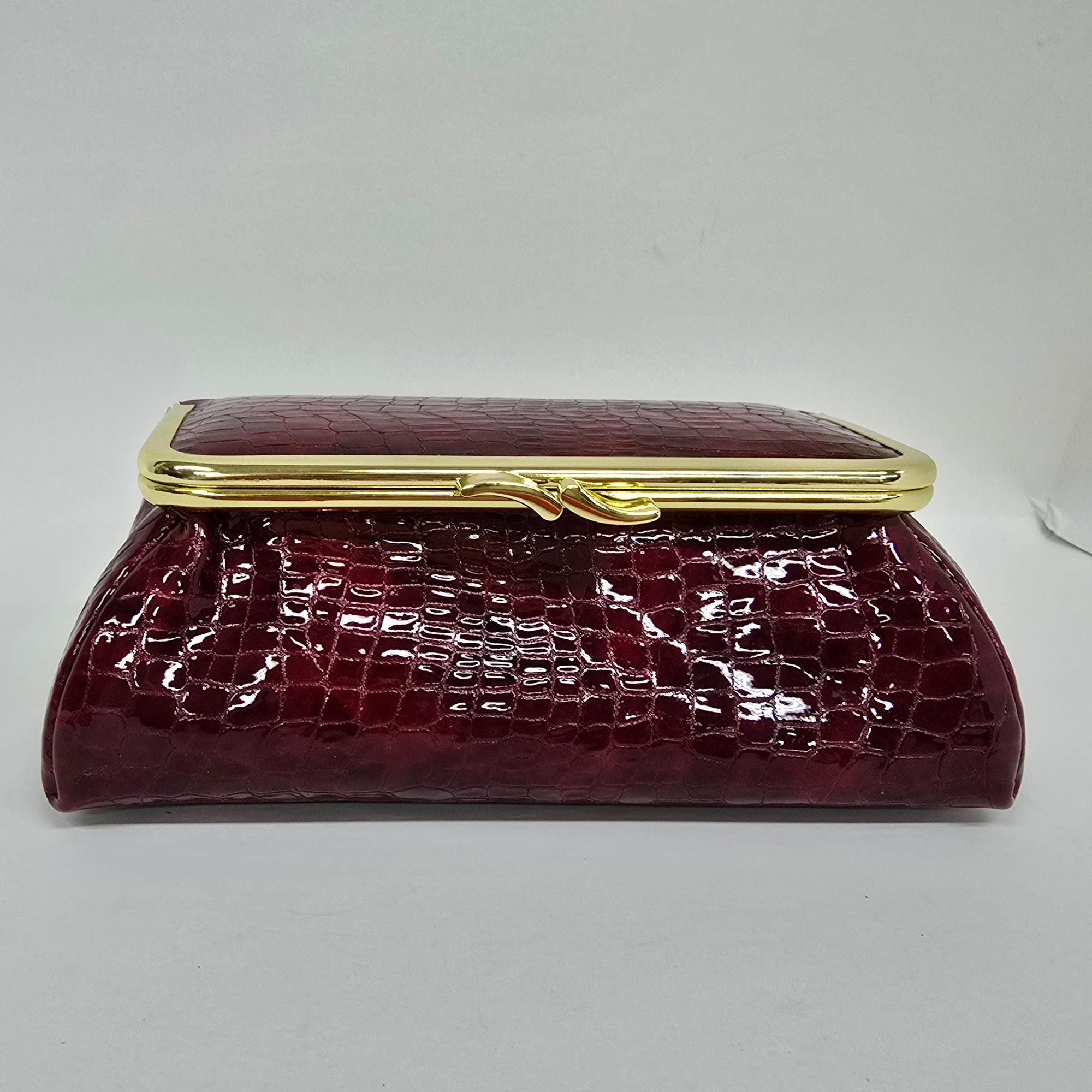 Laquered Red Snake Genuine Leather Travel Bag Gold frame front view