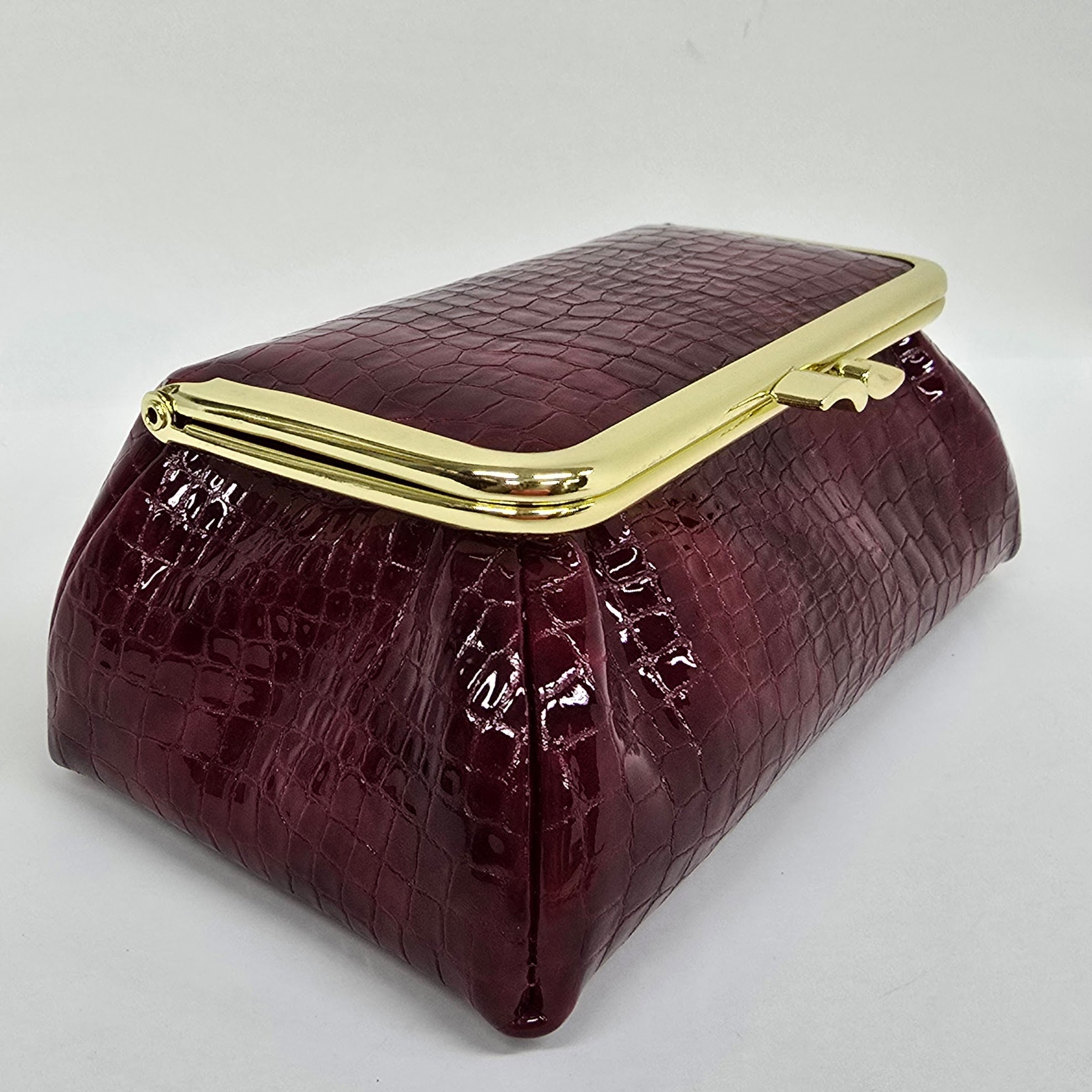 Laquered Red Snake Genuine Leather Travel Bag Gold frame side view