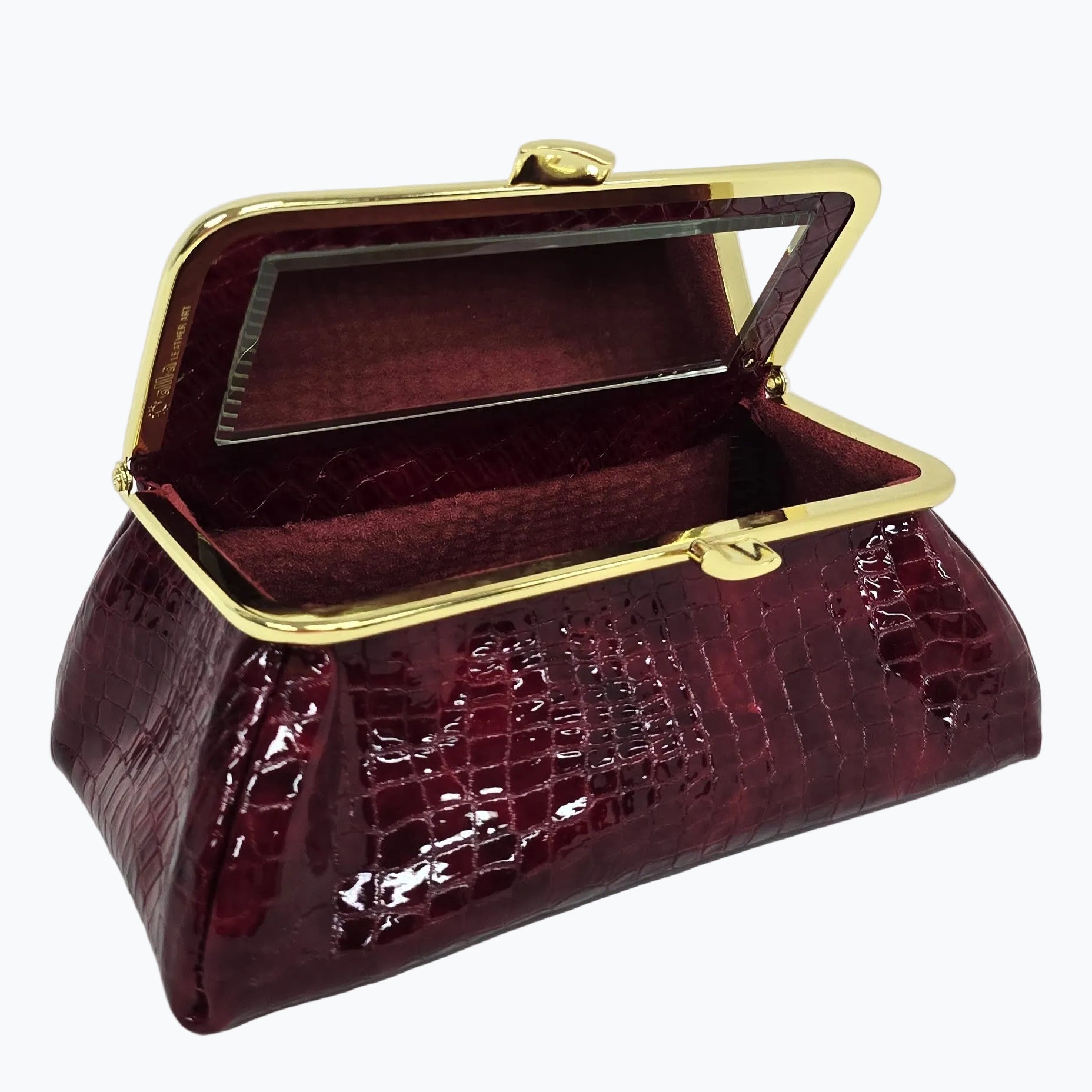 Laquered Red Snake Genuine Leather Travel Bag Gold frame front view opened