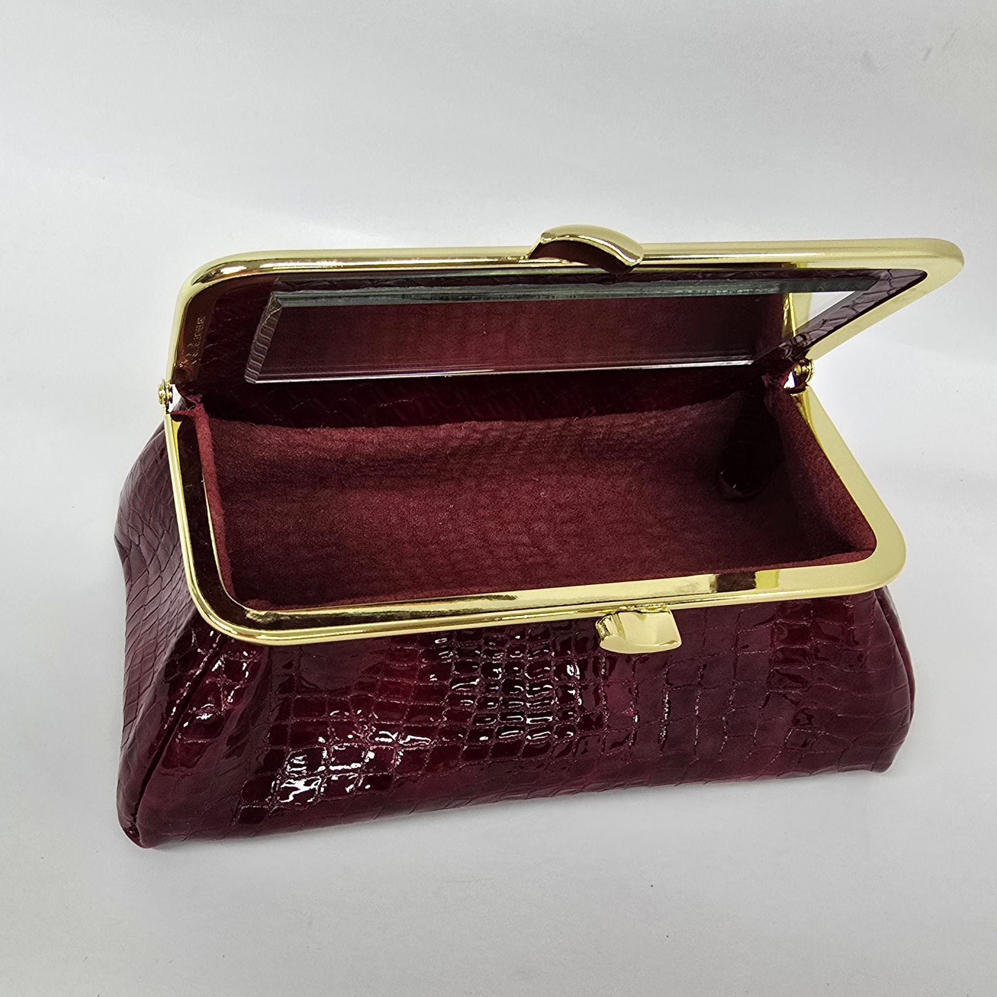 Laquered Red Snake Genuine Leather Travel Bag Gold frame front view opened