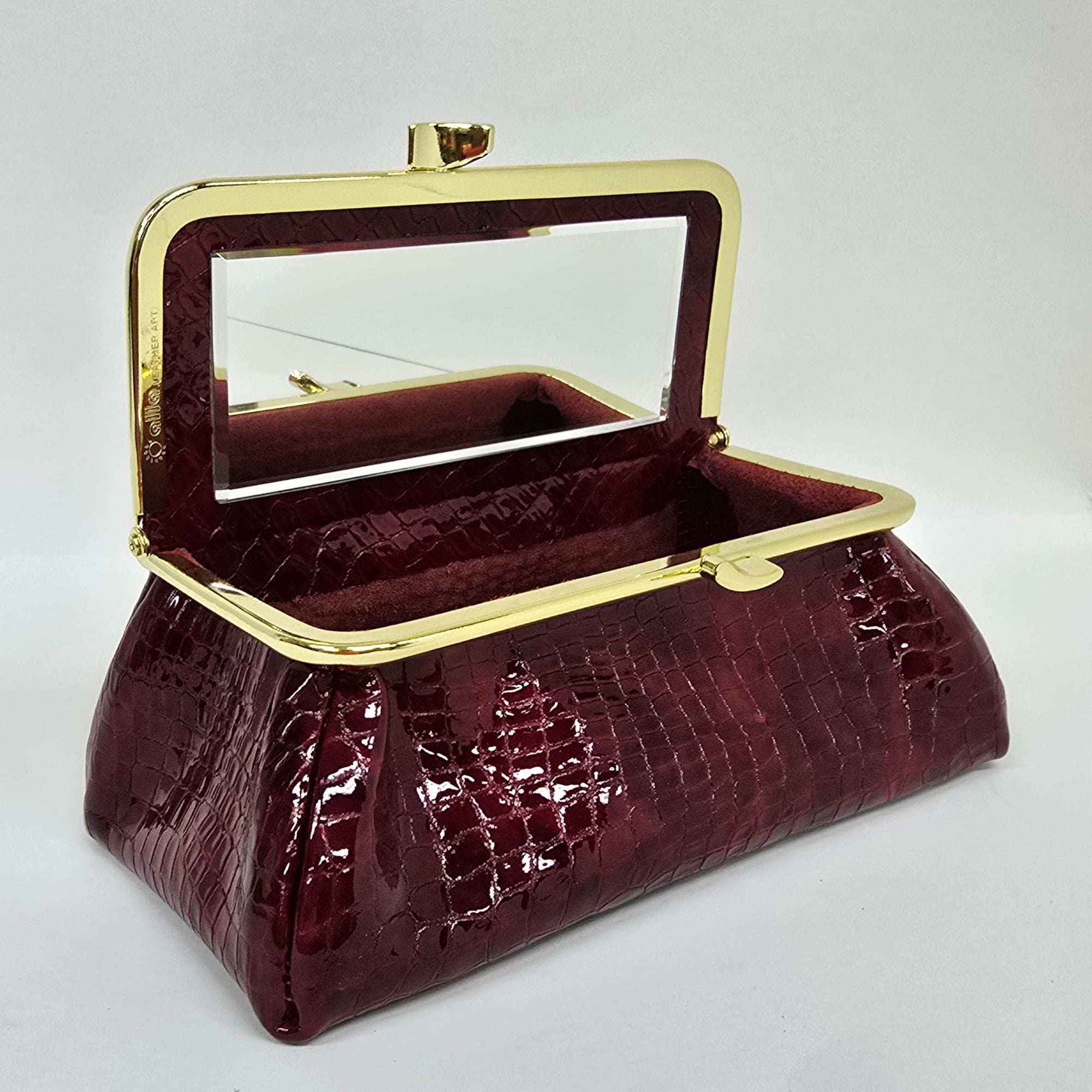 Laquered Red Snake Genuine Leather Travel Bag Gold frame front view opened