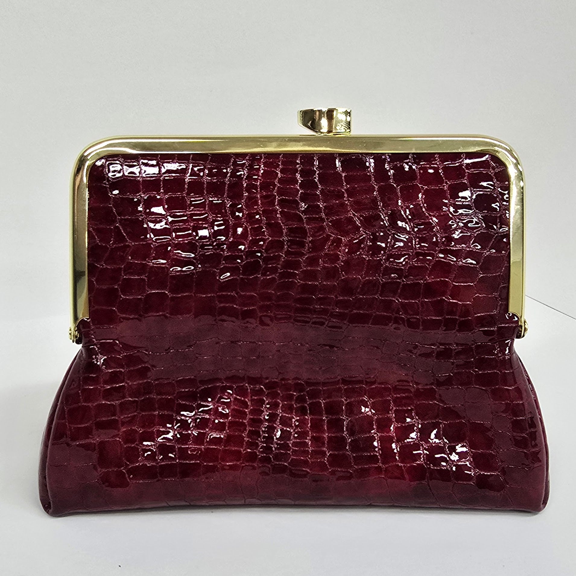 Laquered Red Snake Genuine Leather Travel Bag Gold frame back view opened