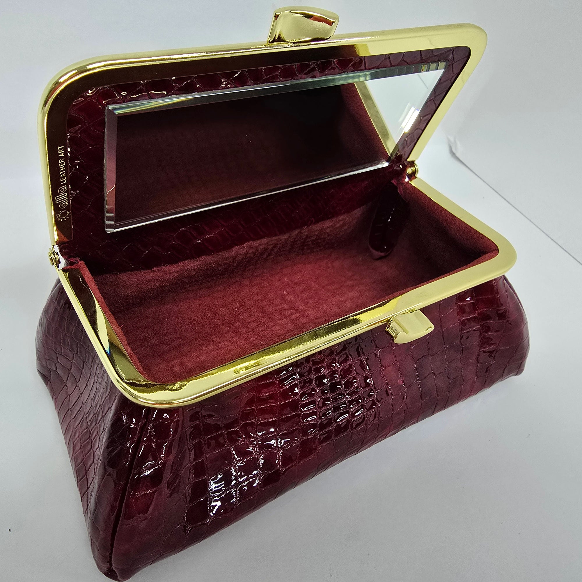 Laquered Red Snake Genuine Leather Travel Bag Gold frame front view opened