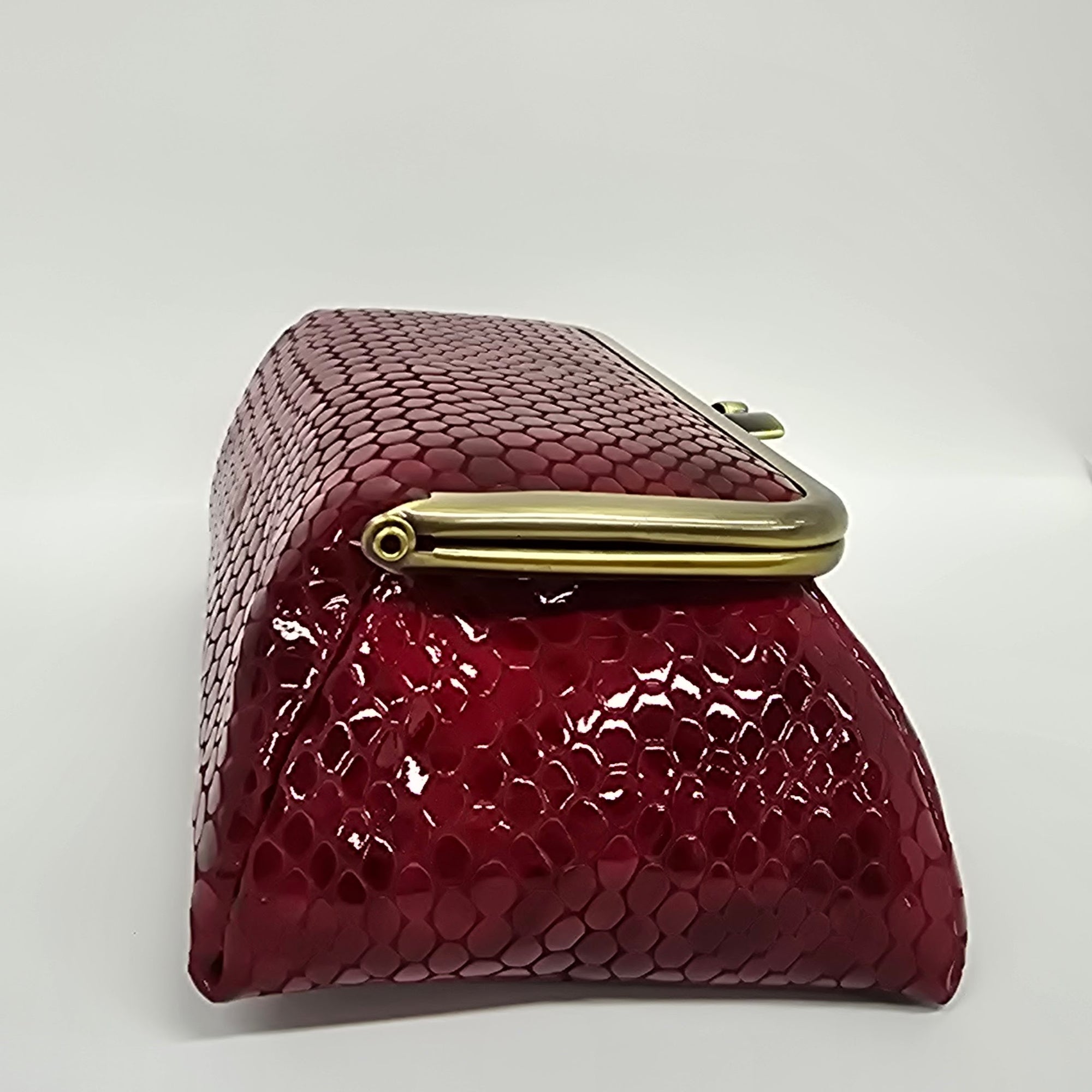Laquered Red Snake Genuine Leather Travel Bag brushed bronze frame side view