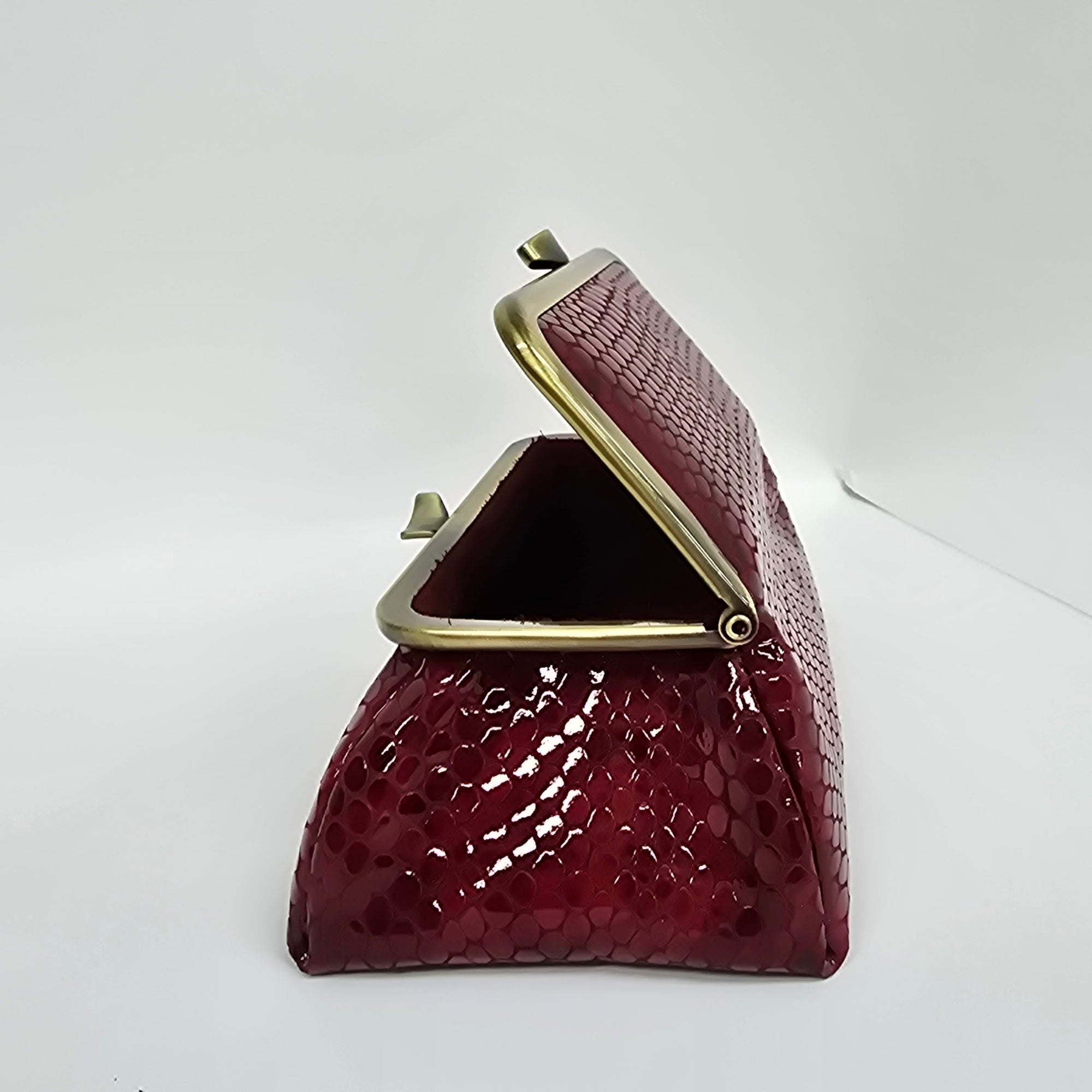 Laquered Red Snake Genuine Leather Travel Bag brushed bronze frame side view opened