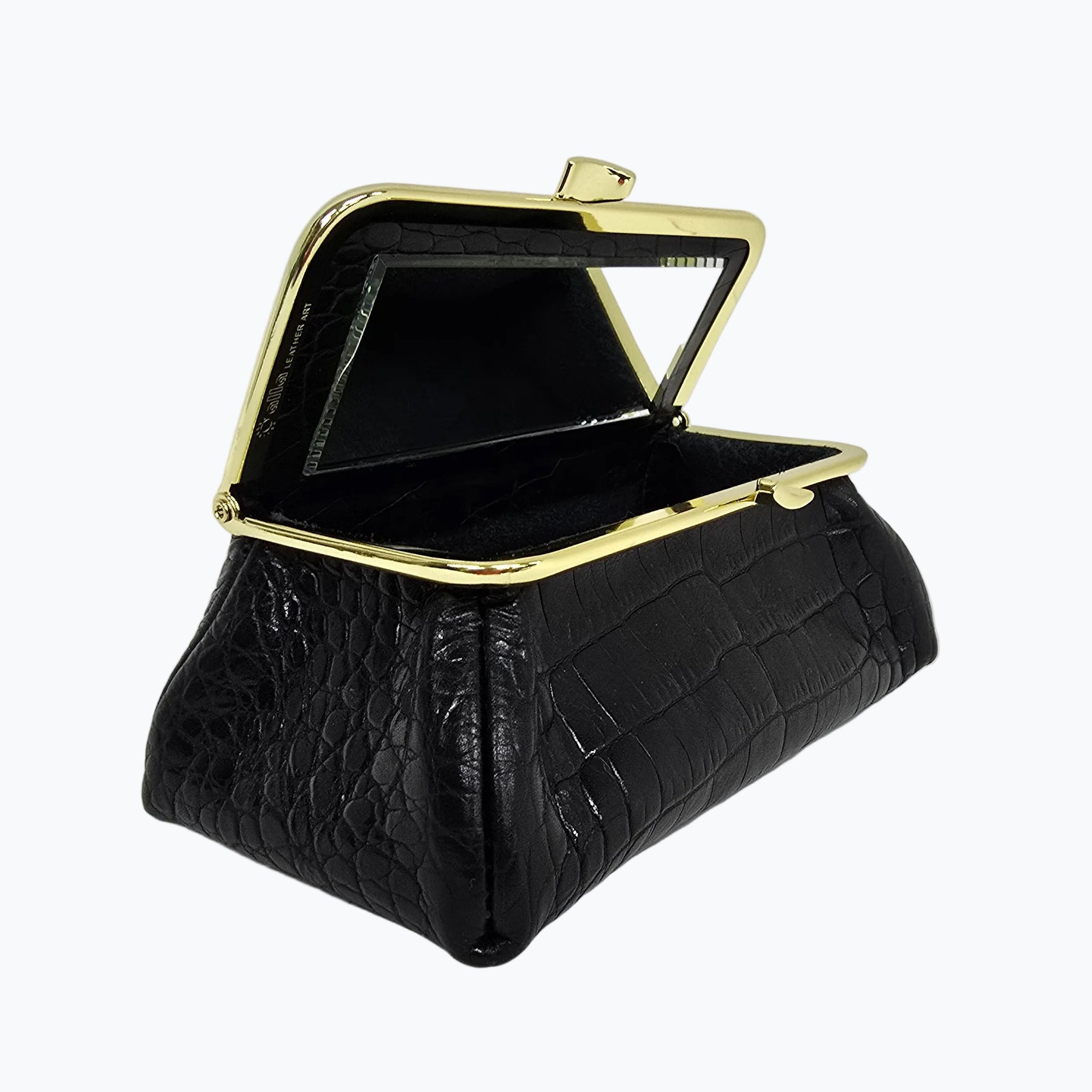 Matte Black Croc Genuine Leather Travel Bag front view opened