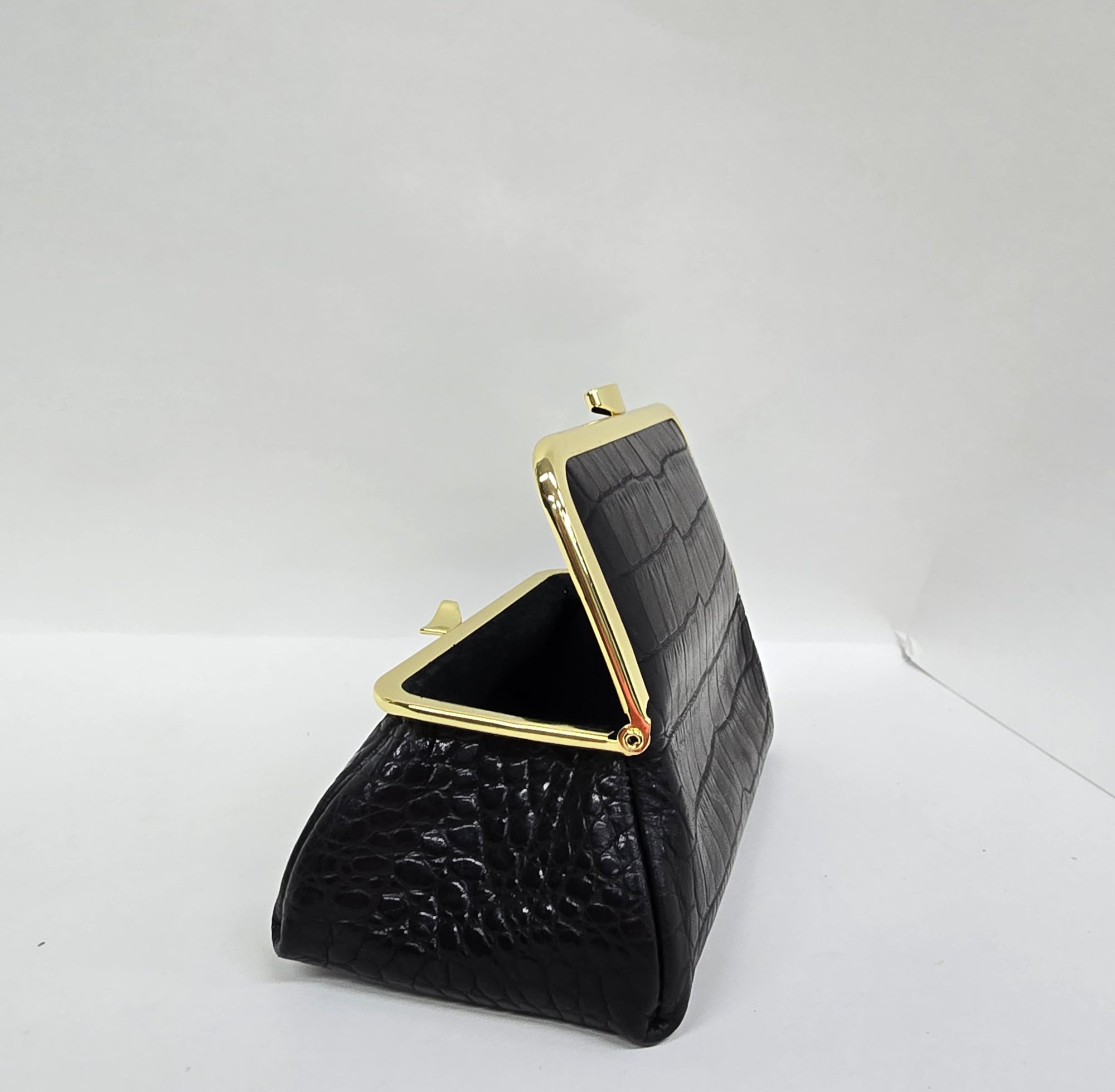 Matte Black Croc Genuine Leather Travel Bag side view opened