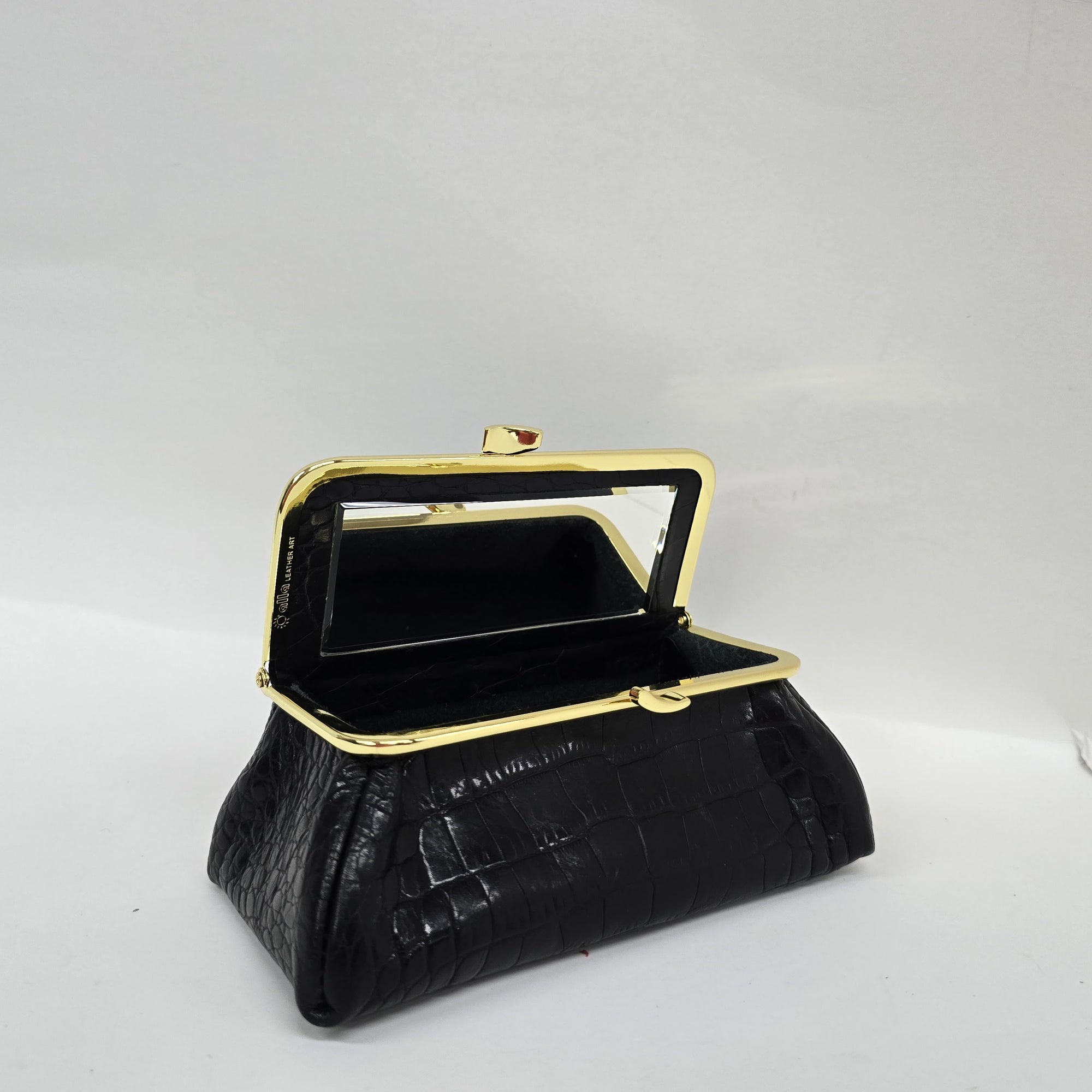 Matte Black Croc Genuine Leather Travel Bag front view opened