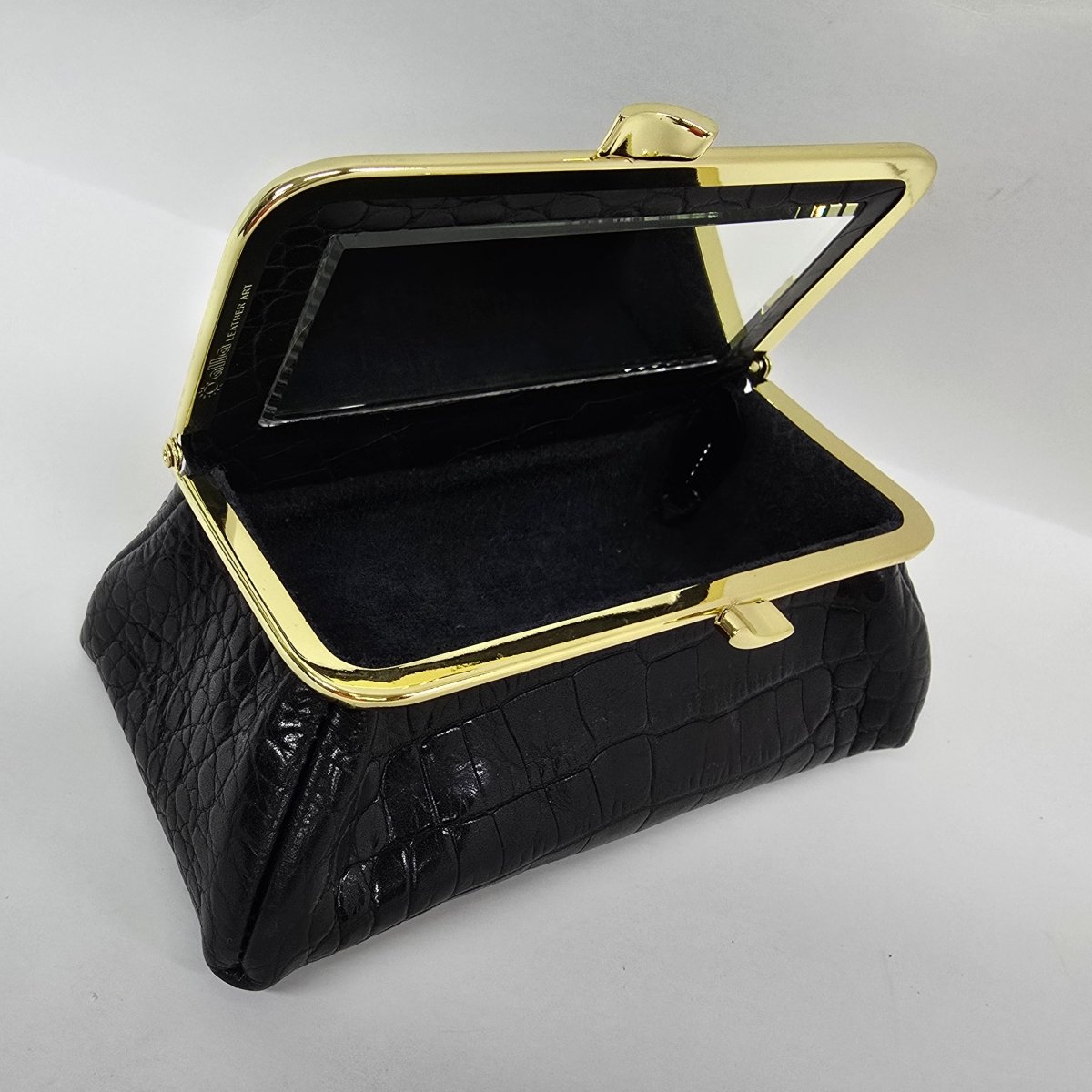 Matte Black Croc Genuine Leather Travel Bag Elegant Cosmetic Bag by Marina Korneev