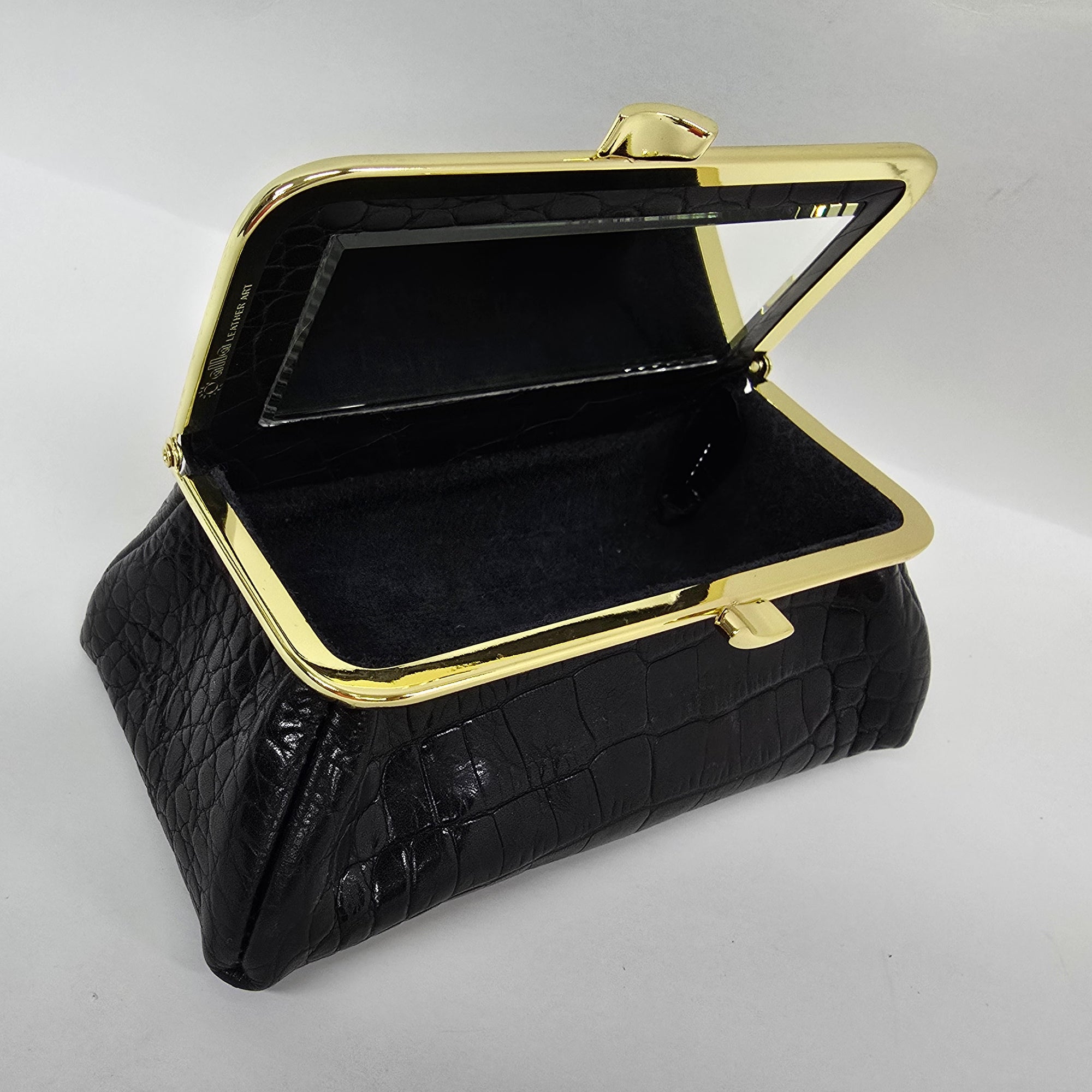 Matte Black Croc Genuine Leather Travel Bag front view  opened
