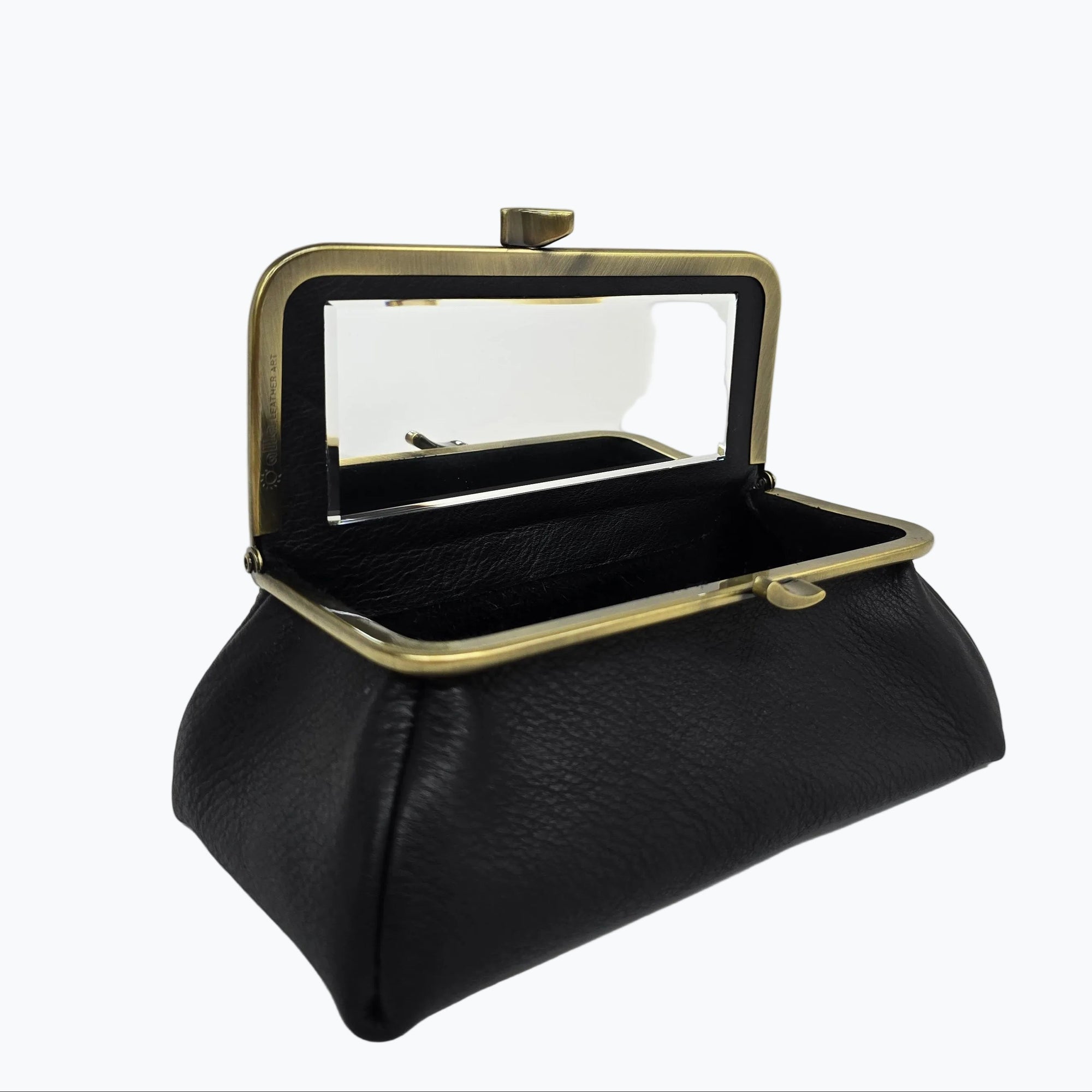 Black Handmade Genuine Leather Travel Bag front view opened