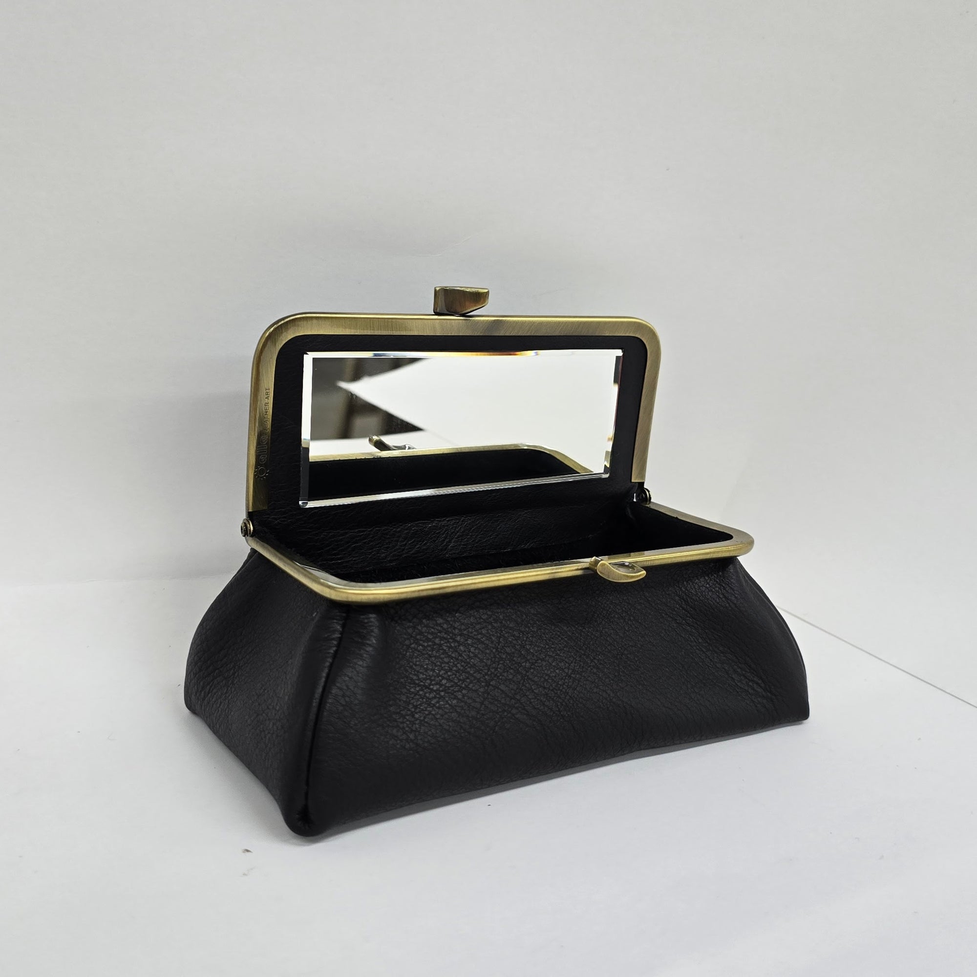 Black Handmade Genuine Leather Travel Bag front view opened