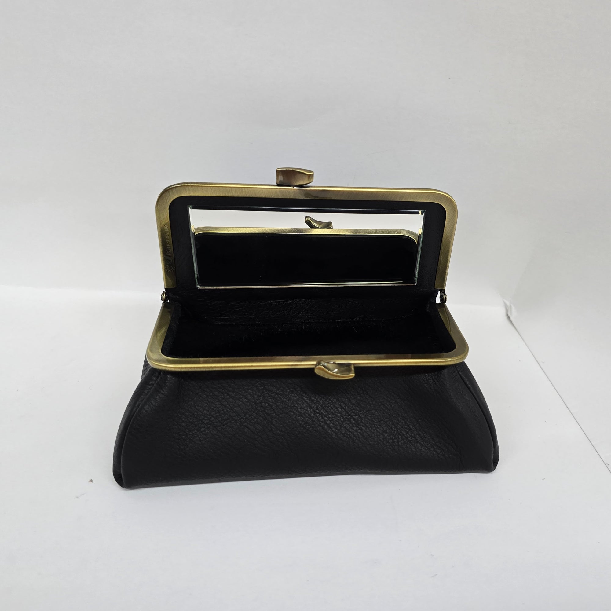 Black Handmade Genuine Leather Travel Bag front view opened