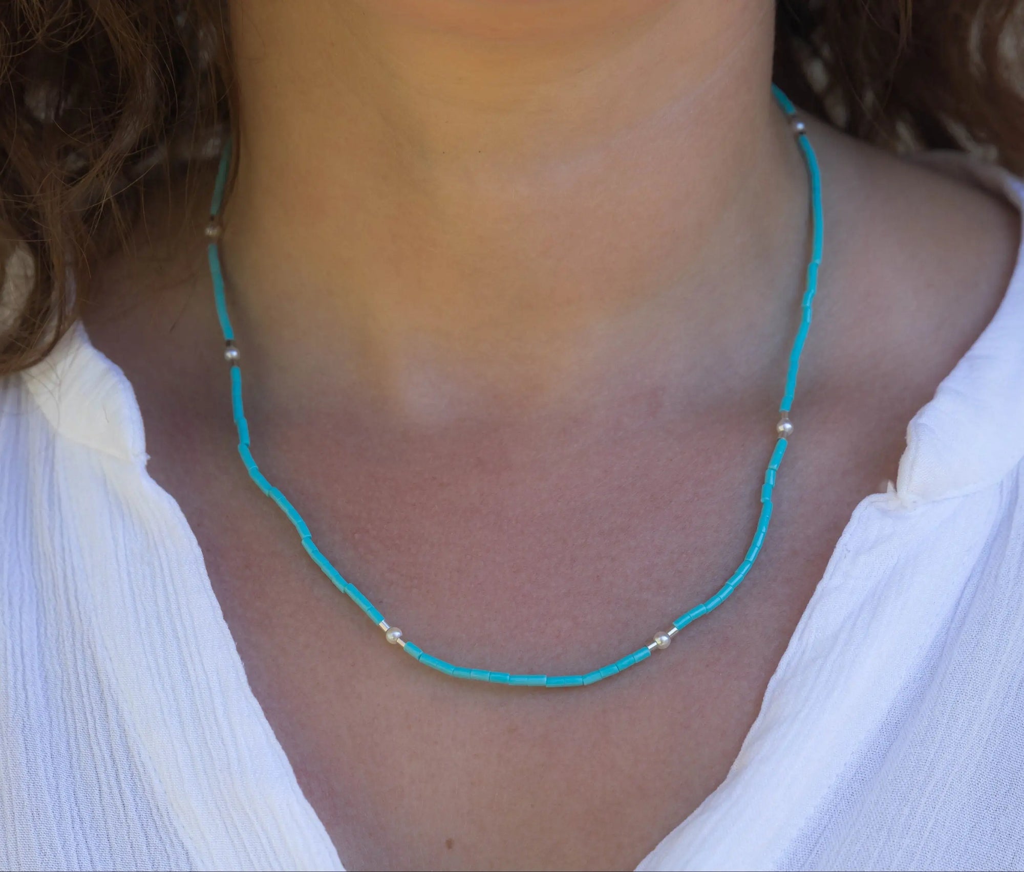 3.0-3.5mm Baby Akoya Pearl with Kingman Turquoise Necklace - Marina Pearls