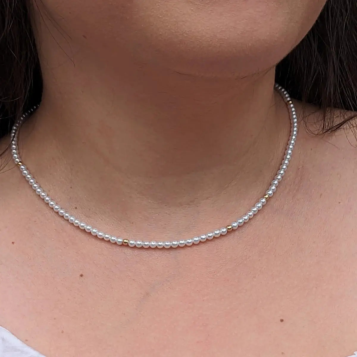 3.0-3.5mm White Seed Bead Nucleated Freshwater Pearl Necklace w/Gold Beads - Marina Korneev