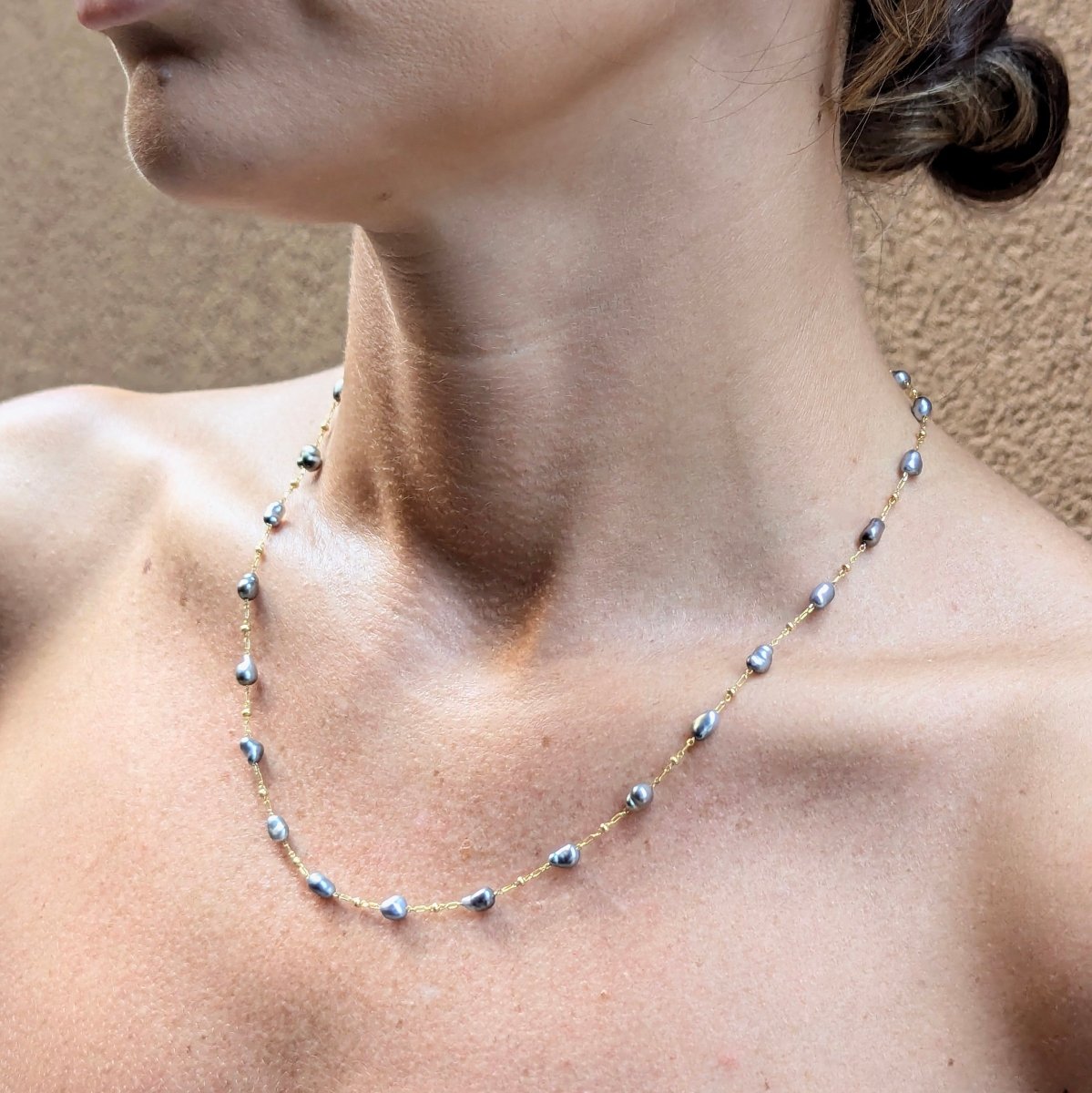 3 - 4mm Tahitian Keshi Pearl Station Stud Chain Necklace - Marina Korneev