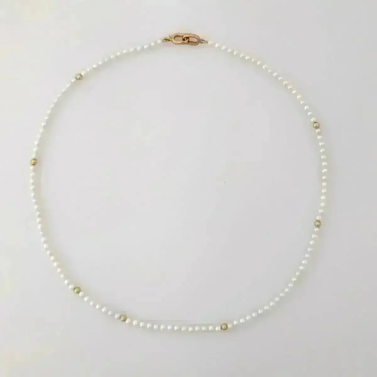 3.0 - 3.5mm White Seed Bead Nucleated Freshwater Pearl Necklace w/Gold Beads - Marina Korneev