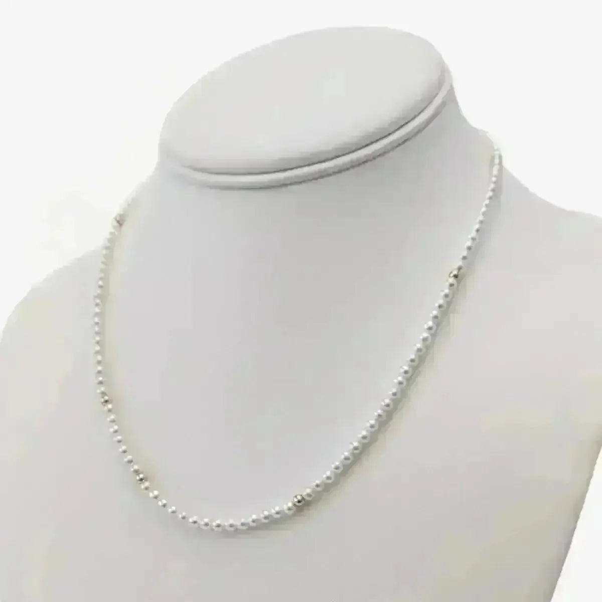 3.0 - 3.5mm White Seed Bead Nucleated Freshwater Pearl Necklace w/Gold Beads - Marina Korneev