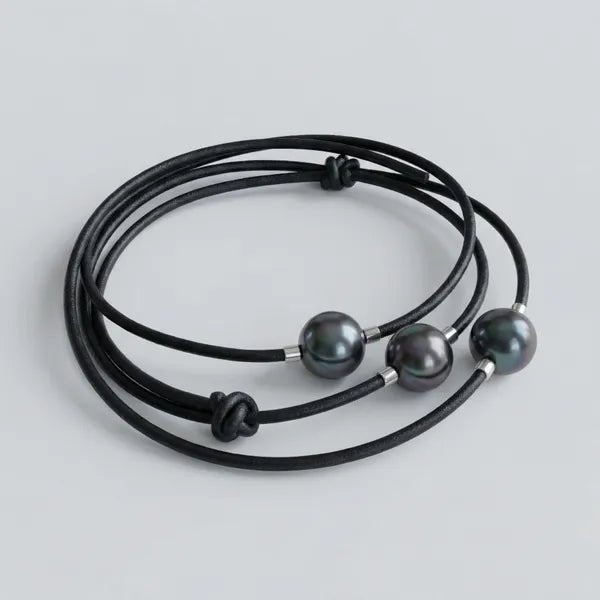 9 - 11mm Tahitian Pearl and Leather Cord Adjustable Bracelet Elegant Bracelets by Marina Korneev